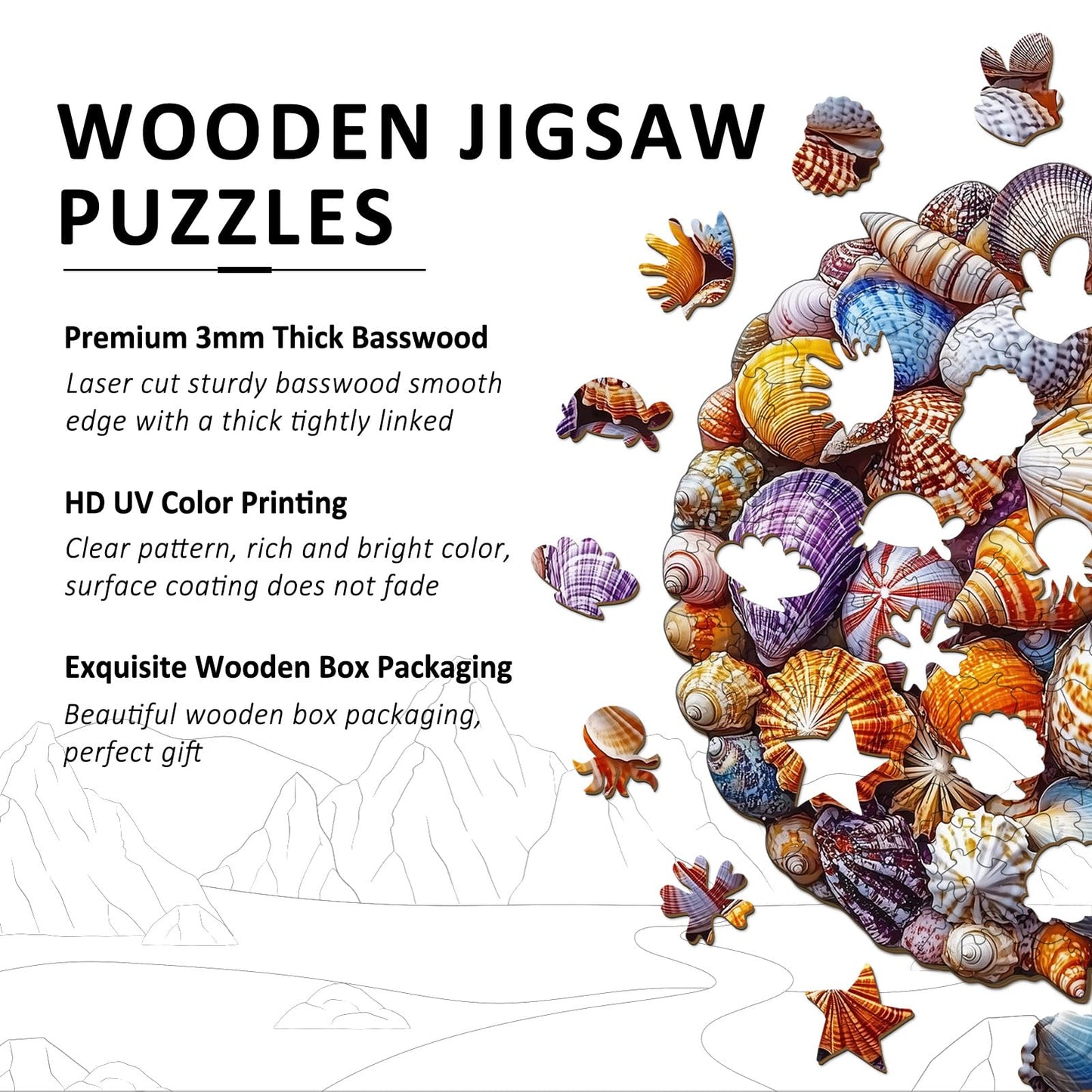 Aeekdook Wooden Puzzles for Adults – Colorful Seashell Round Puzzle (200 Pieces)