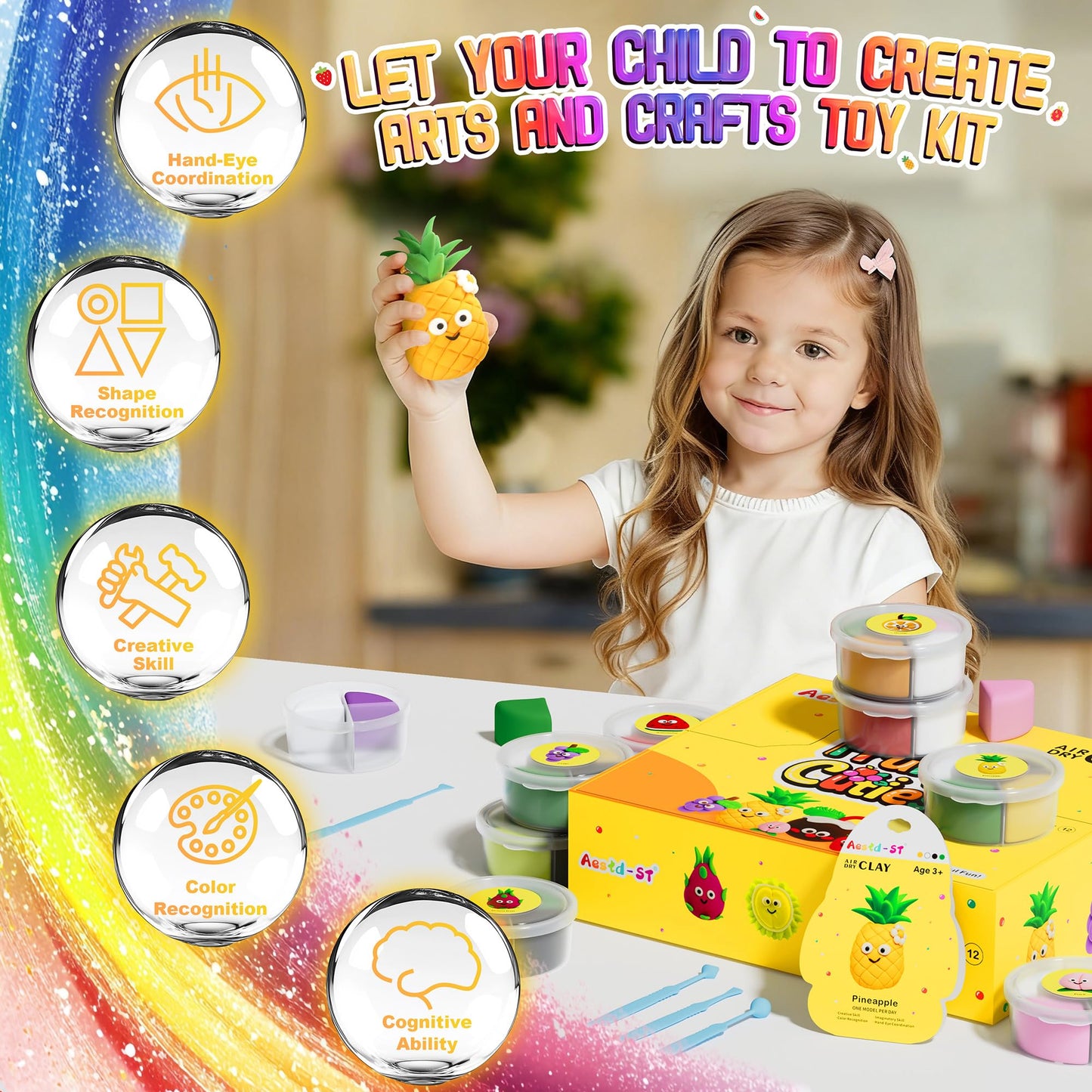 Aestd-ST Air Dry Clay Kit – Fruit Theme for Kids, 12-Box Set with Tools & Tutorials