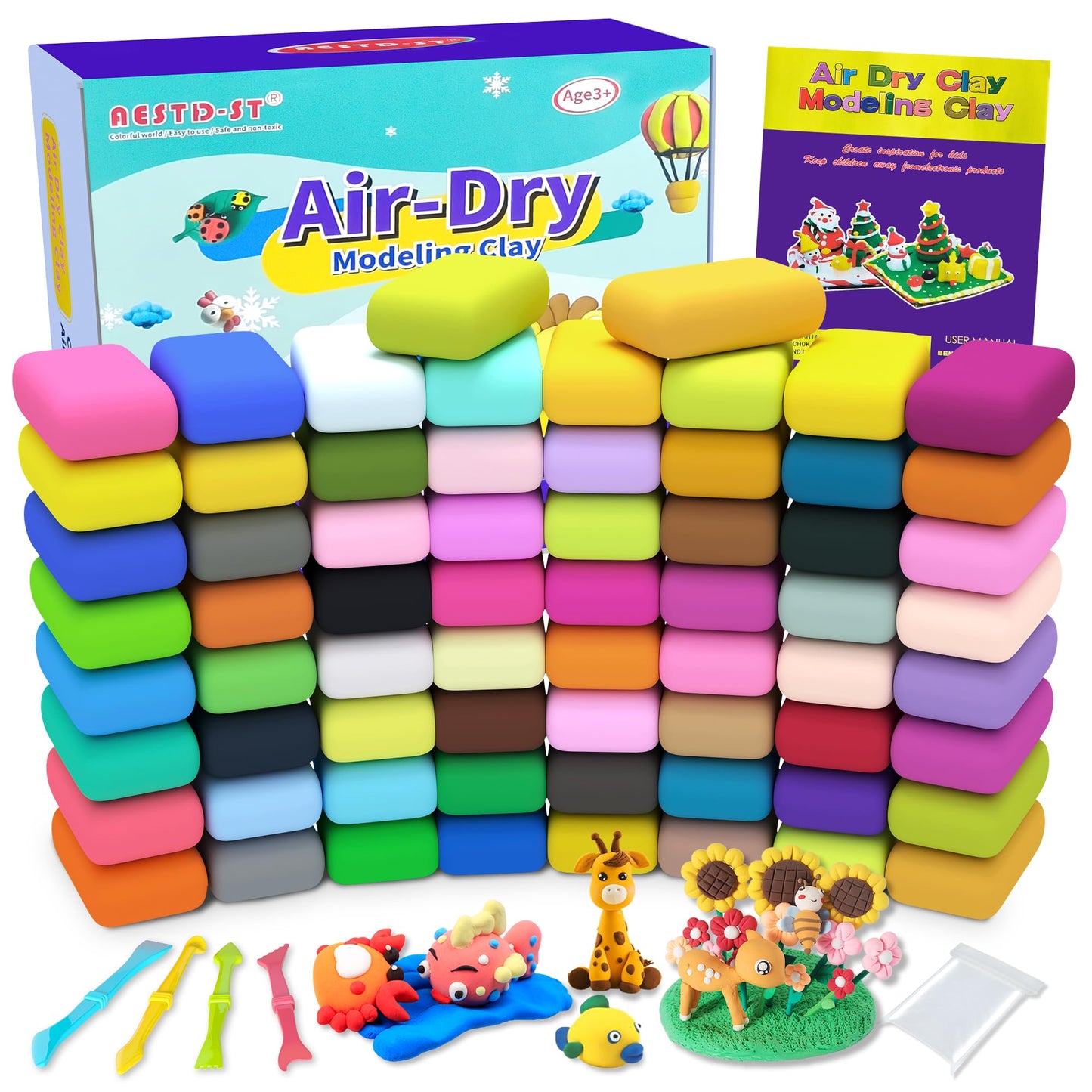 Aestd-ST Air Dry Clay 66 Colors Set | Non-Stick Soft Modeling Clay for Kids, Includes Sculpting Tools