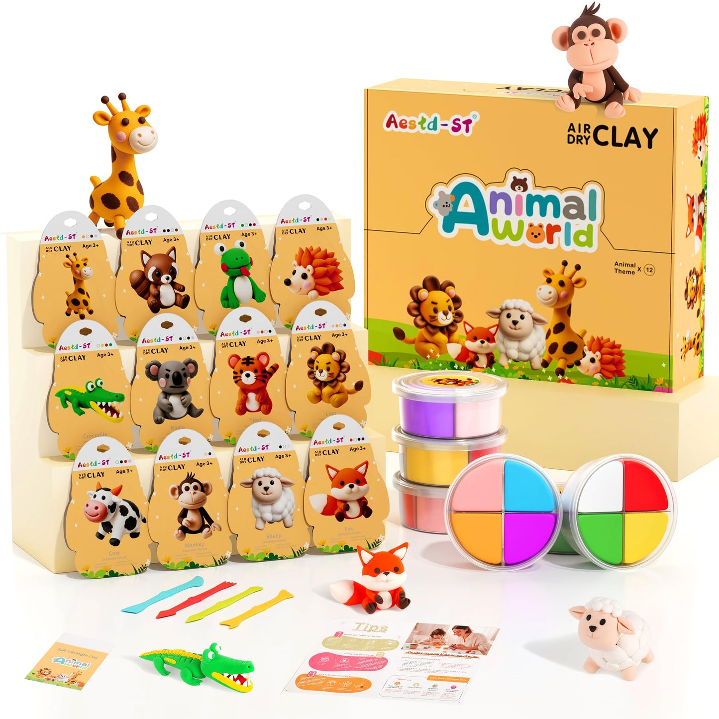 Aestd-ST Air Dry Clay Kit - Animal Theme for Kids | 12 Boxes, Sculpting Tools & Tutorials