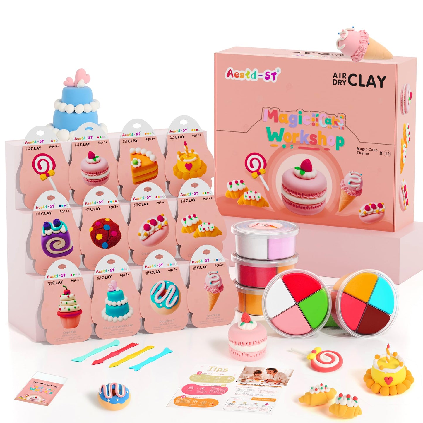 Aestd-ST Air Dry Clay Kit – Cake Theme for Kids, 12-Box Modeling Clay with Tools & Tutorials