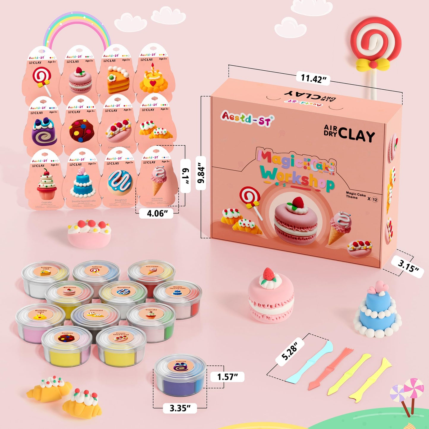 Aestd-ST Air Dry Clay Kit – Cake Theme for Kids, 12-Box Modeling Clay with Tools & Tutorials