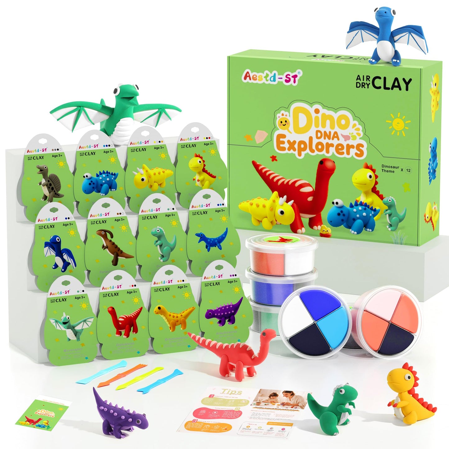 Aestd-ST Air Dry Clay Kit – Dinosaur Theme for Kids, 12 Boxes & Tools