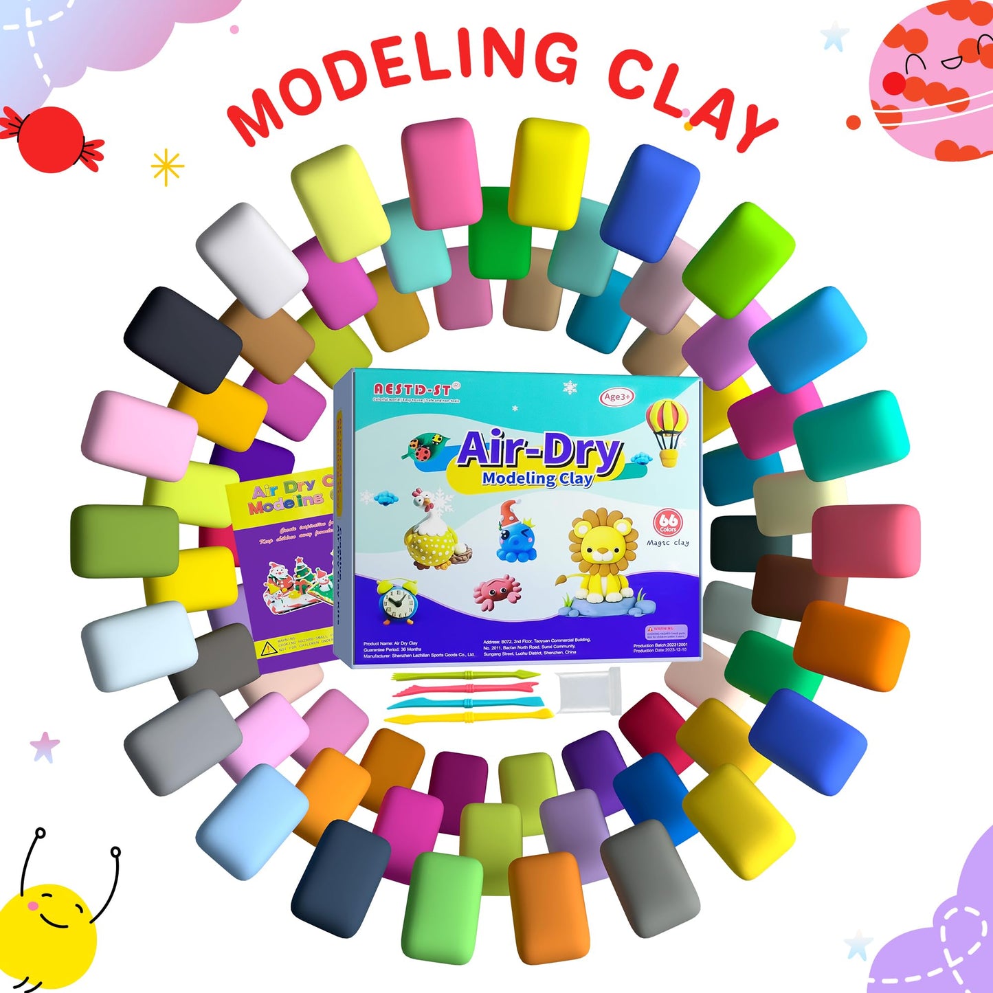 Aestd-ST Air Dry Clay 66 Colors Set | Non-Stick Soft Modeling Clay for Kids, Includes Sculpting Tools