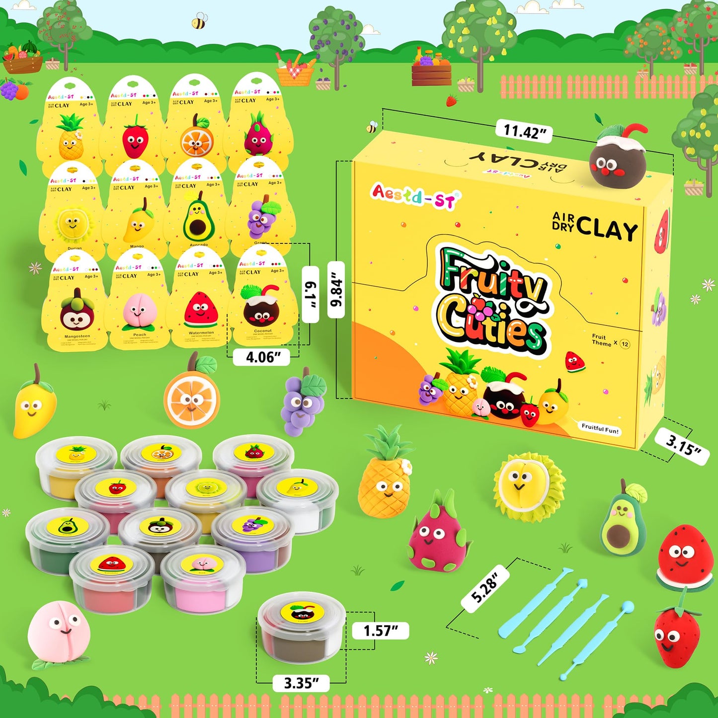 Aestd-ST Air Dry Clay Kit – Fruit Theme for Kids, 12-Box Set with Tools & Tutorials