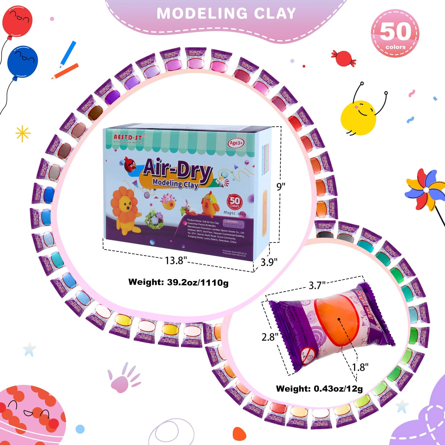 Aestd-ST Air Dry Clay Kit: 50 Colors, Soft Non-Sticky Modeling Clay for Kids