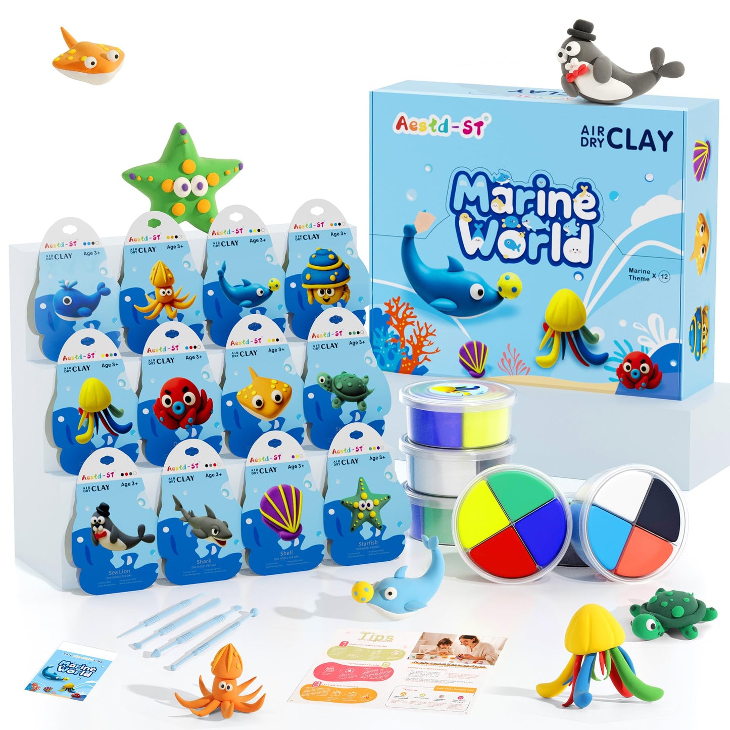 Aestd-ST Ocean Theme Air Dry Clay Kit for Kids – 12 Boxes, Tools & Tutorials
