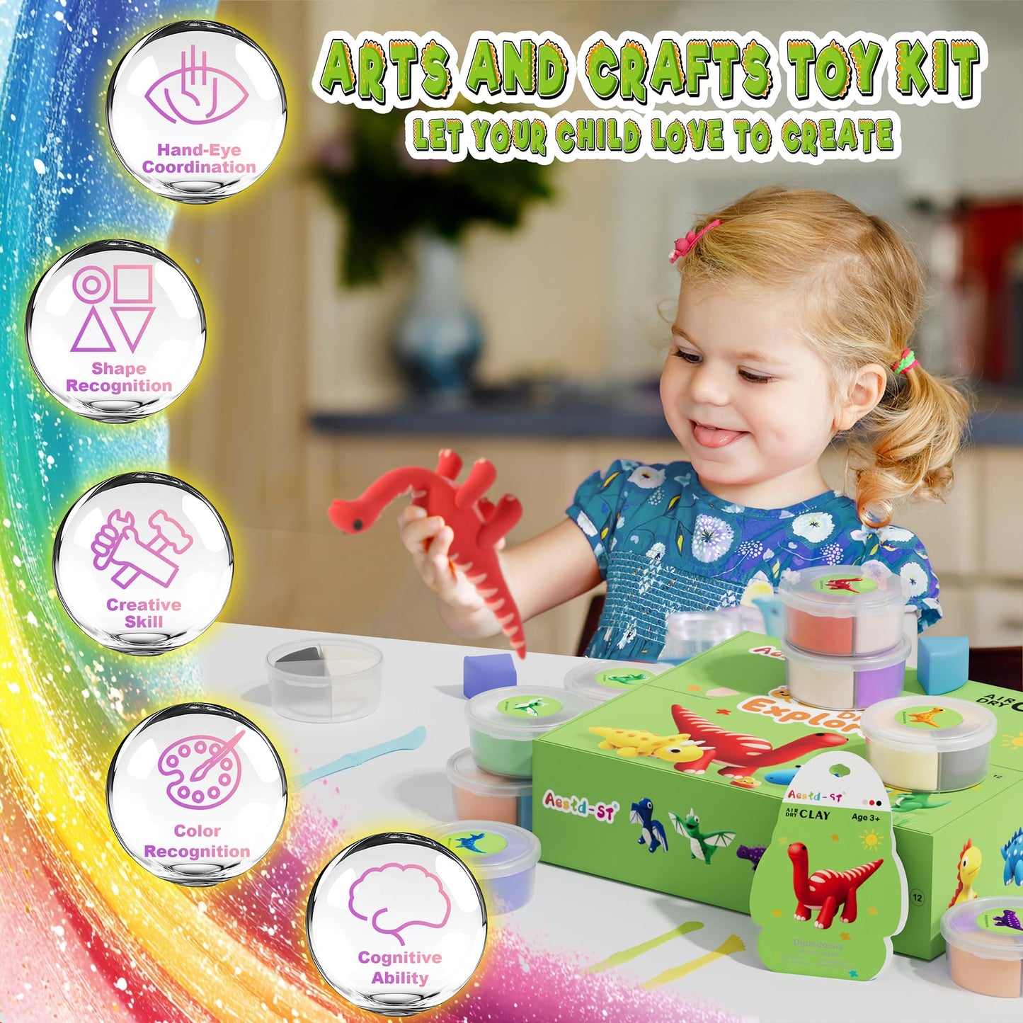 Aestd-ST Air Dry Clay Kit – Dinosaur Theme for Kids, 12 Boxes & Tools