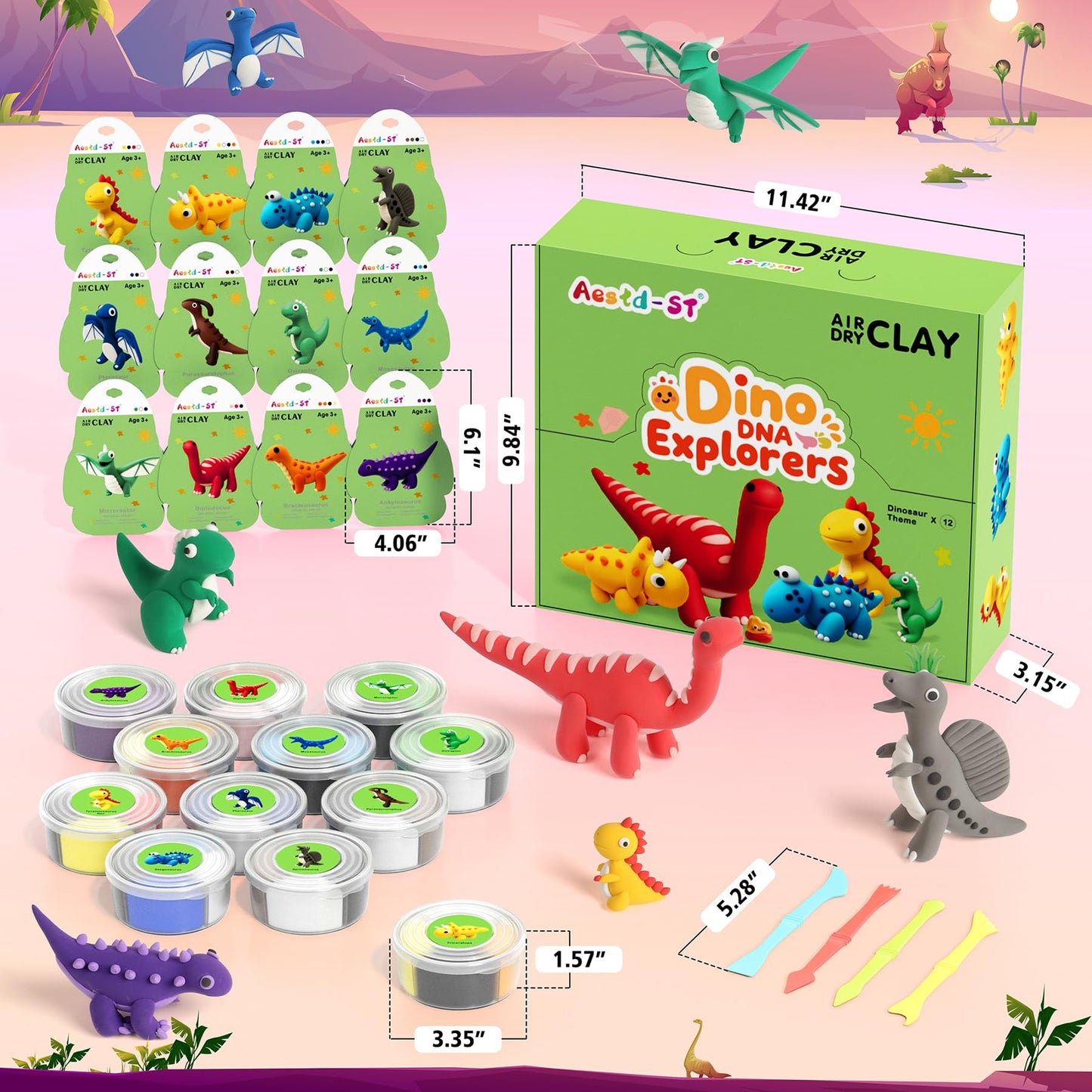Aestd-ST Air Dry Clay Kit – Dinosaur Theme for Kids, 12 Boxes & Tools