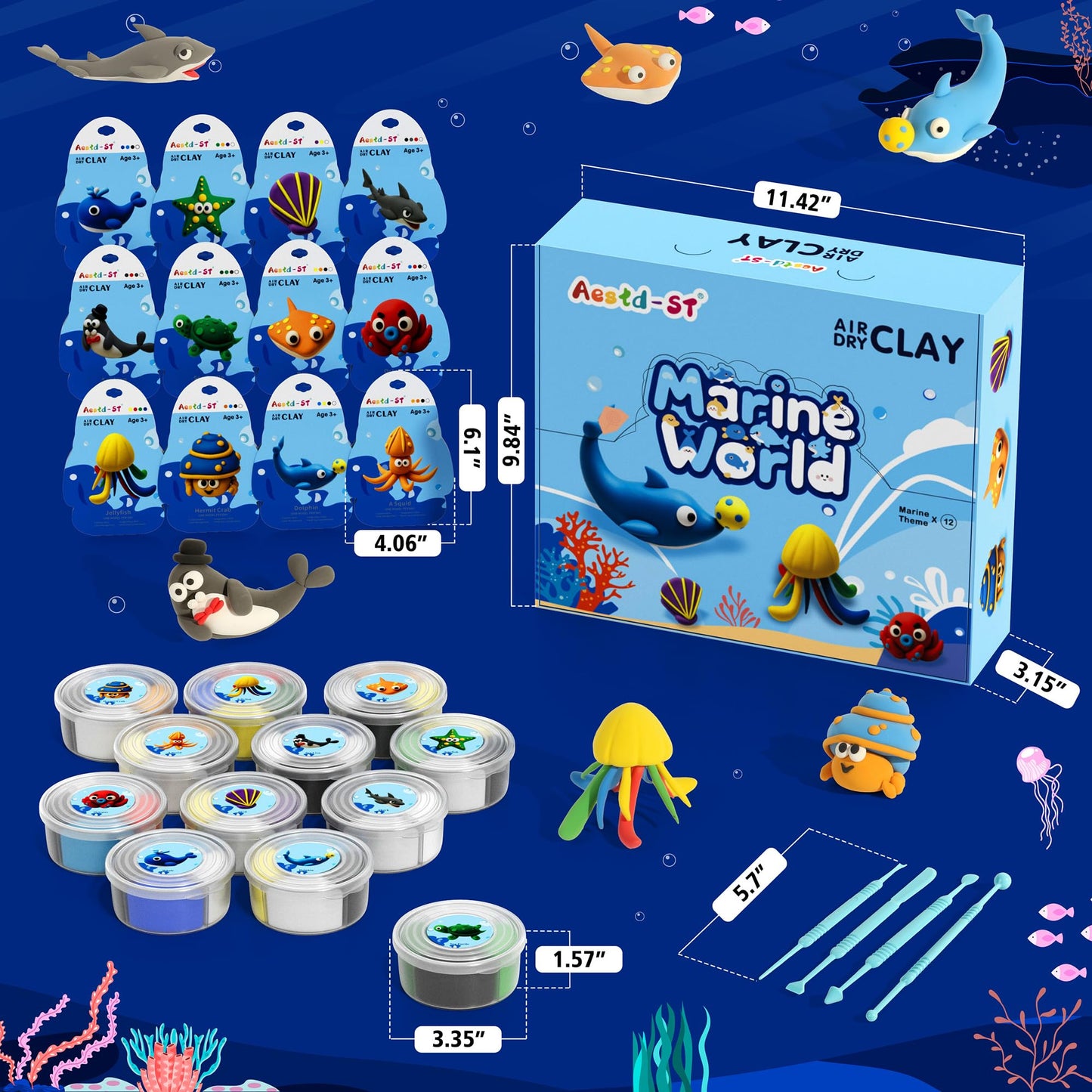 Aestd-ST Ocean Theme Air Dry Clay Kit for Kids – 12 Boxes, Tools & Tutorials
