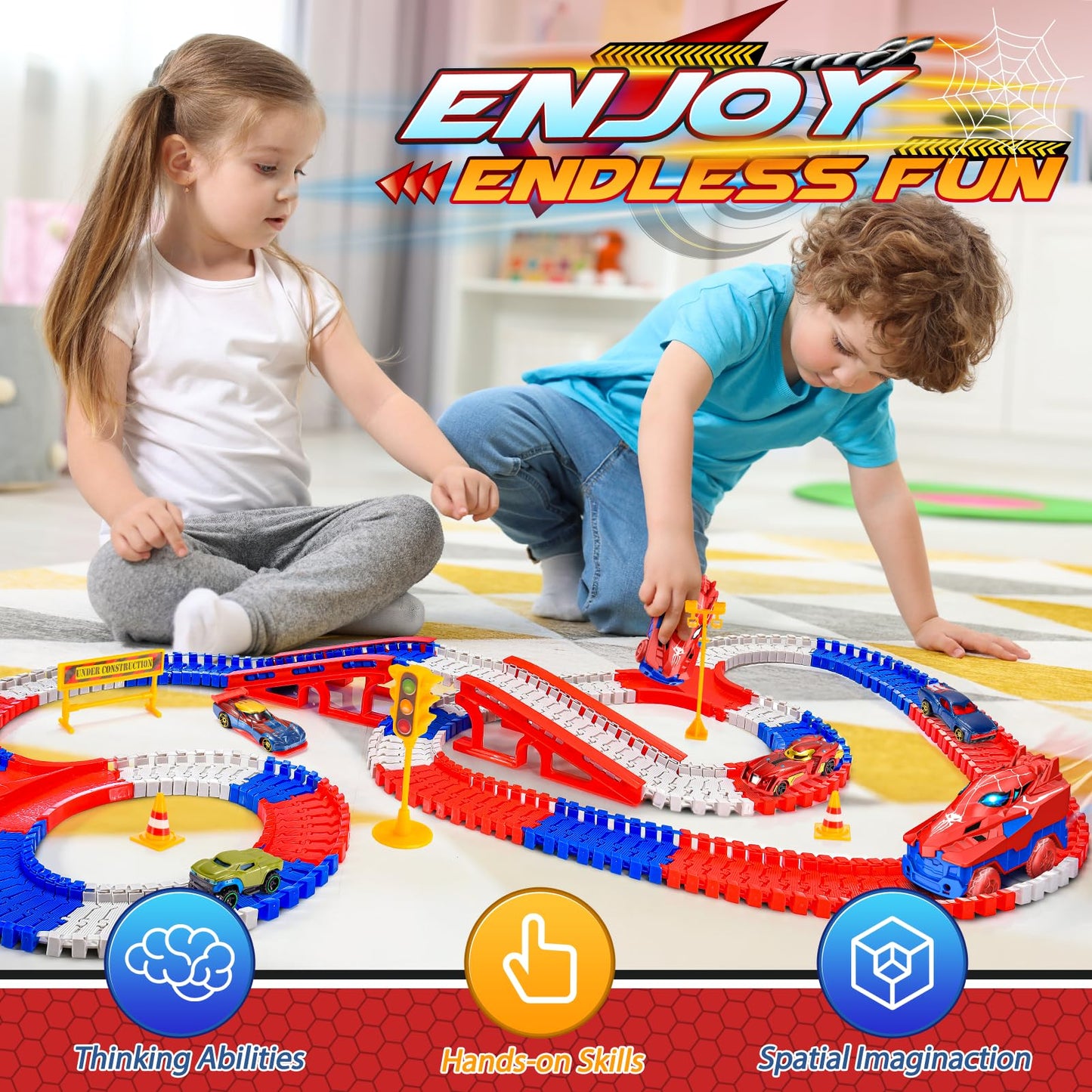 Aetyni Spider Race Track – 251-Piece Set with 5 Alloy Cars for Boys Ages 3-8
