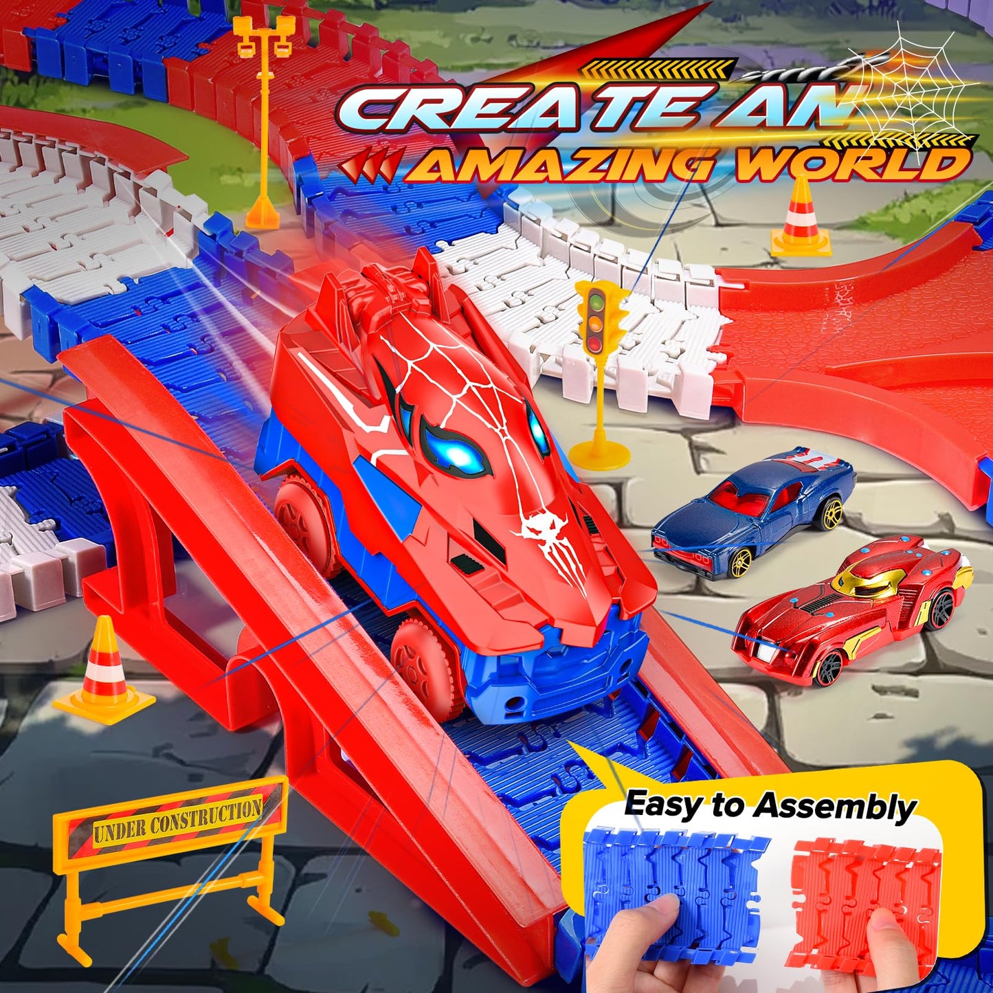 Aetyni Spider Race Track – 251-Piece Set with 5 Alloy Cars for Boys Ages 3-8