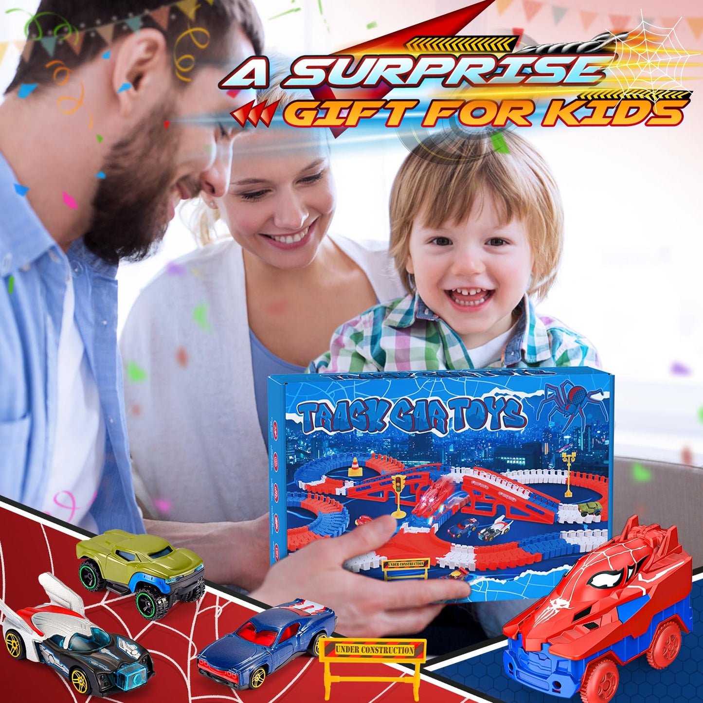Aetyni Spider Race Track – 251-Piece Set with 5 Alloy Cars for Boys Ages 3-8