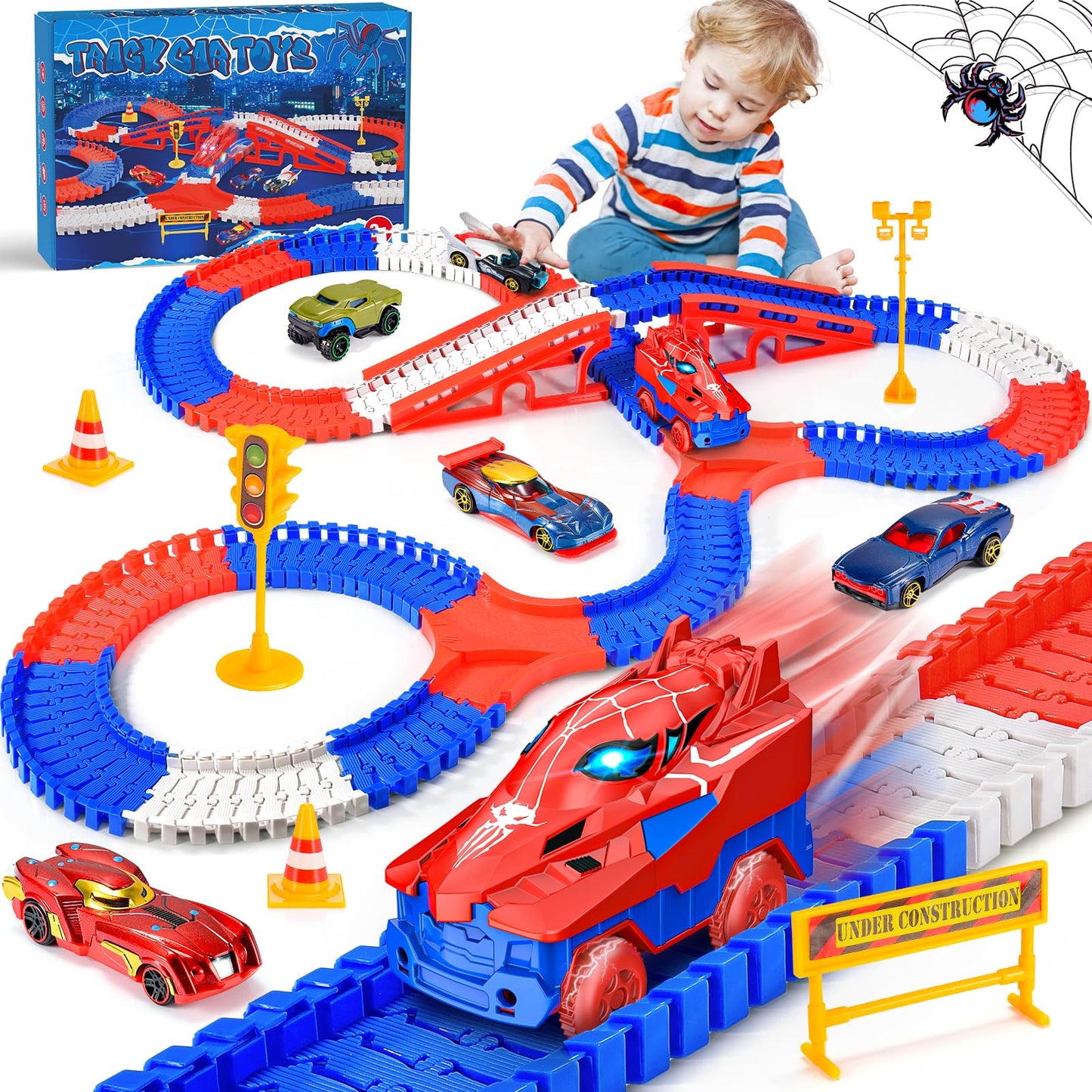 Aetyni Spider Race Track – 251-Piece Set with 5 Alloy Cars for Boys Ages 3-8