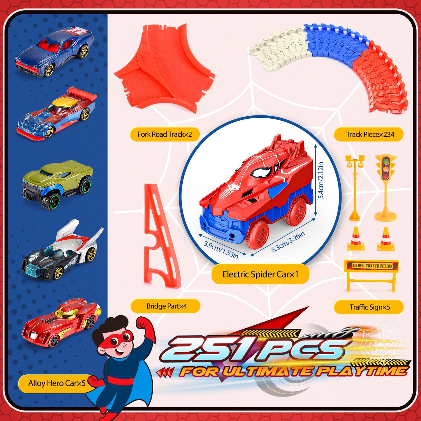Aetyni Spider Race Track – 251-Piece Set with 5 Alloy Cars for Boys Ages 3-8