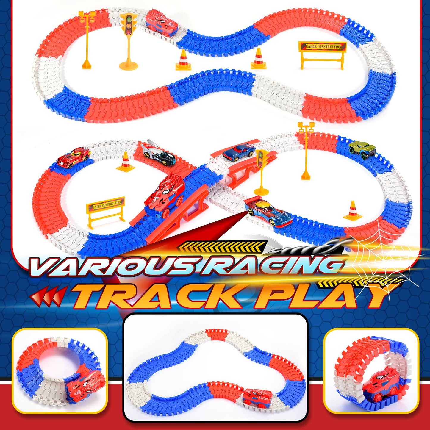 Aetyni Spider Race Track – 251-Piece Set with 5 Alloy Cars for Boys Ages 3-8
