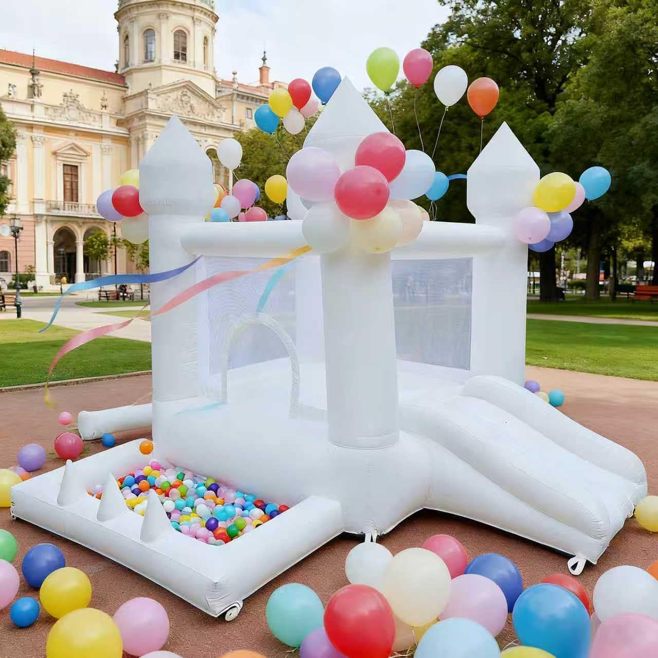 Aevumgz White Bounce House – Indoor/Outdoor Inflatable Castle with Ball Pool & Slide for Kids 3-6