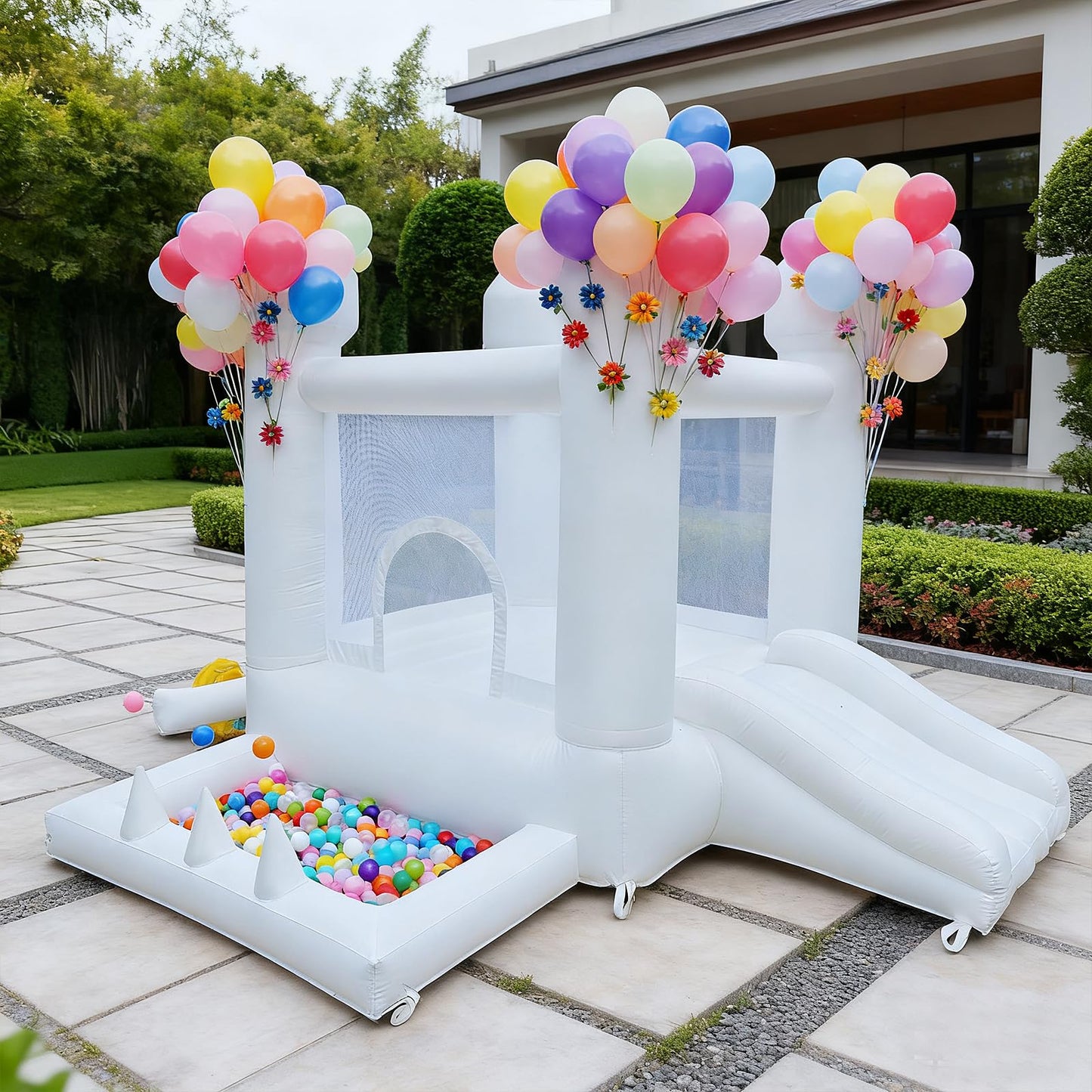Aevumgz White Bounce House – Indoor/Outdoor Inflatable Castle with Ball Pool & Slide for Kids 3-6
