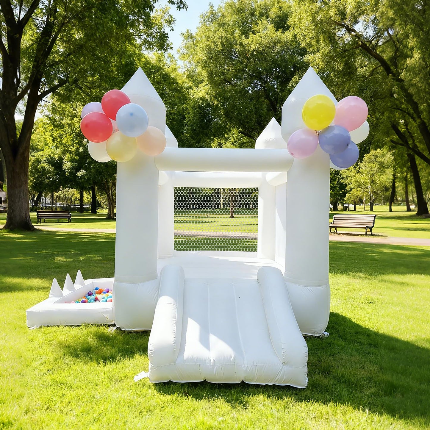 Aevumgz White Bounce House – Indoor/Outdoor Inflatable Castle with Ball Pool & Slide for Kids 3-6