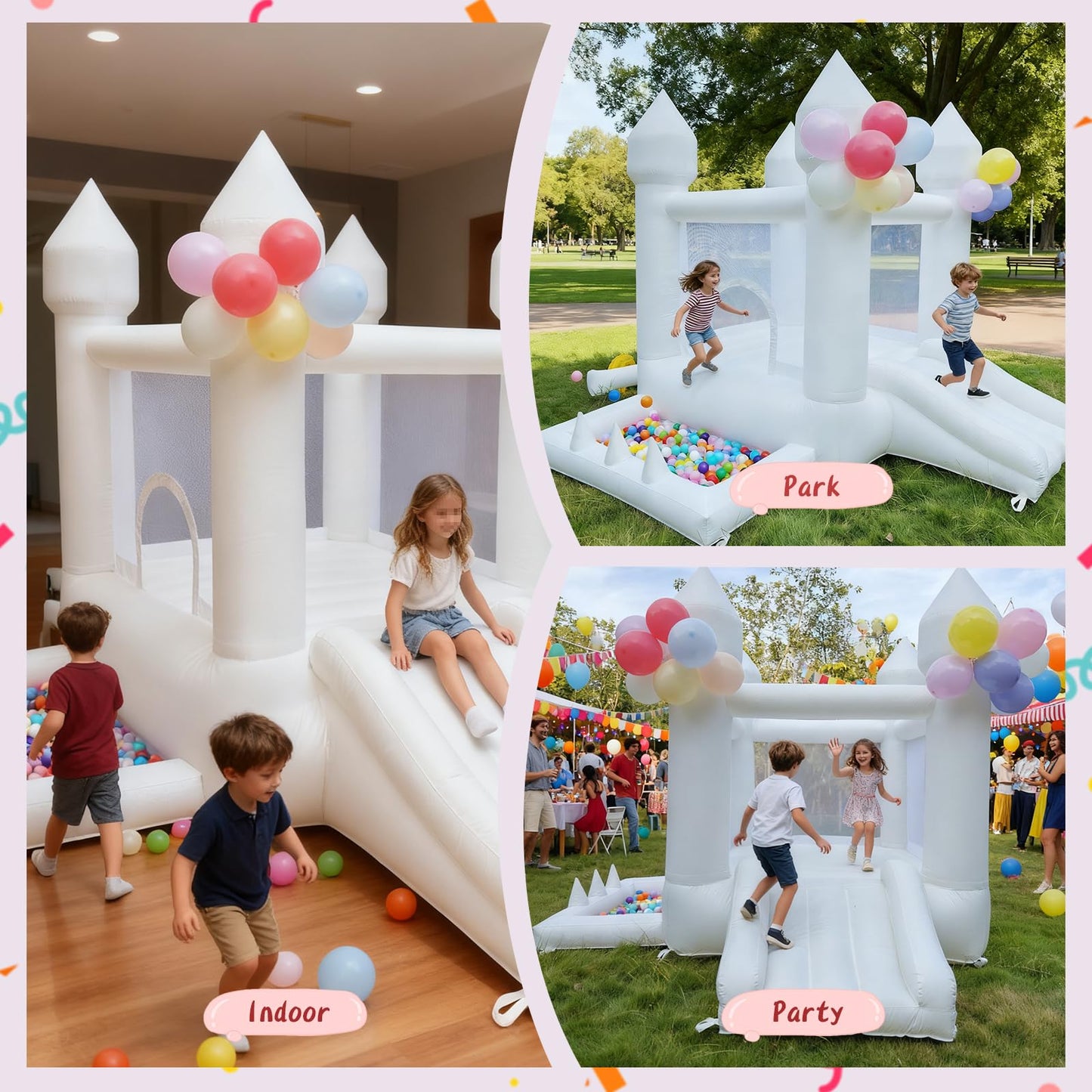 Aevumgz White Bounce House – Indoor/Outdoor Inflatable Castle with Ball Pool & Slide for Kids 3-6