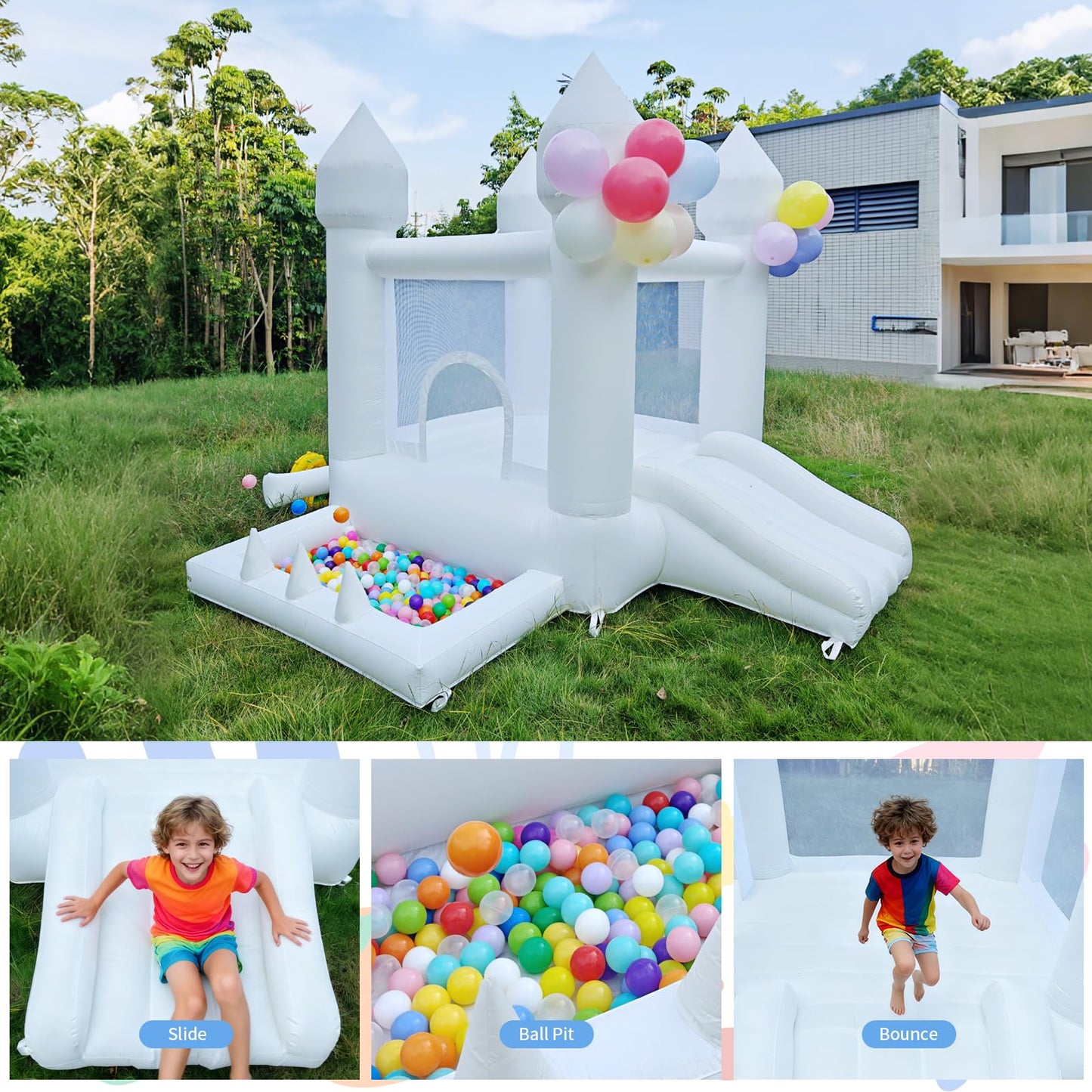 Aevumgz White Bounce House – Indoor/Outdoor Inflatable Castle with Ball Pool & Slide for Kids 3-6