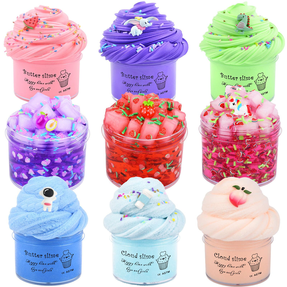 Aeyiakov 9 Pack Slime Kit - Jelly Cube, Cloud & Butter Slimes (3 Each) | Kids Gift