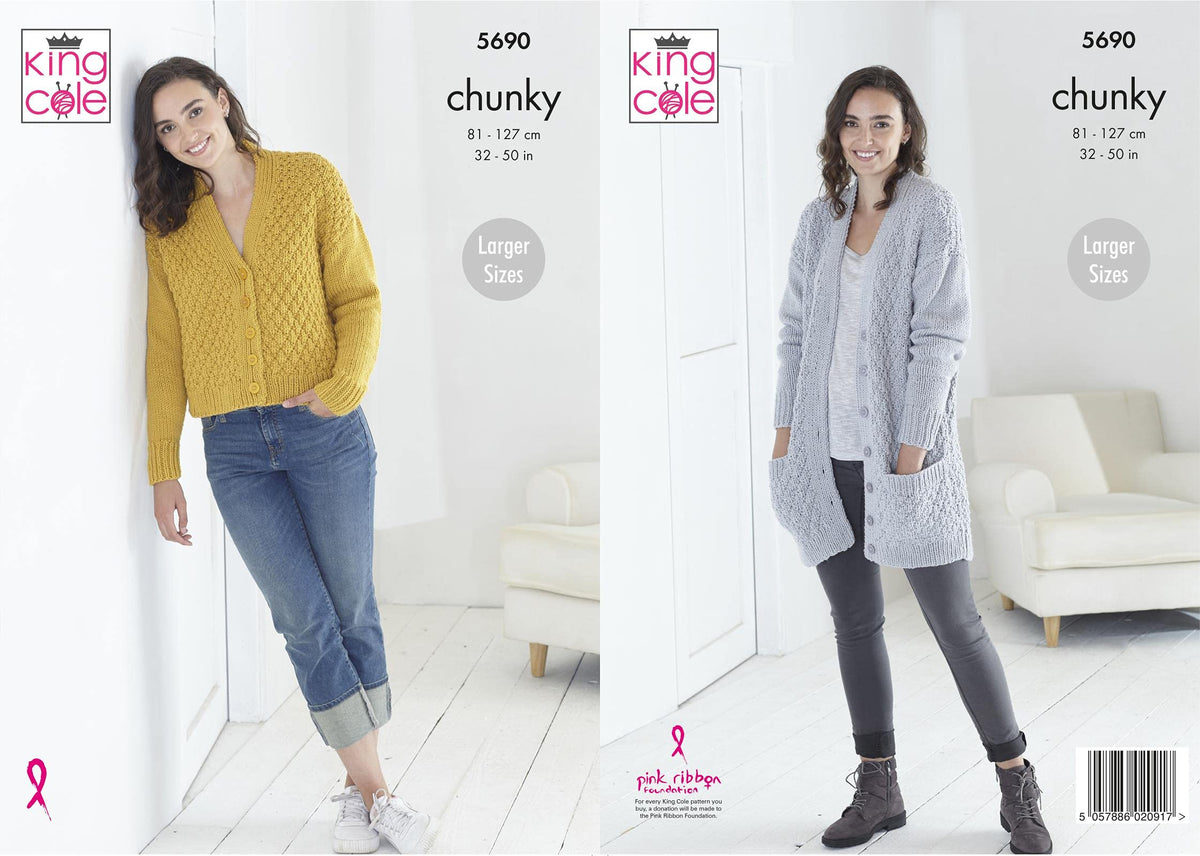 King Cole Ladies Chunky Knitting Pattern Womens Short or Long Length Cardigan (5690)