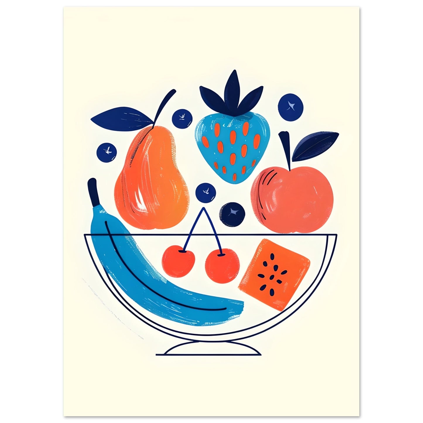 Modern Fruit Bowl Poster - Scandinavian Kitchen Wall Art - Colorful Food Illustration Print