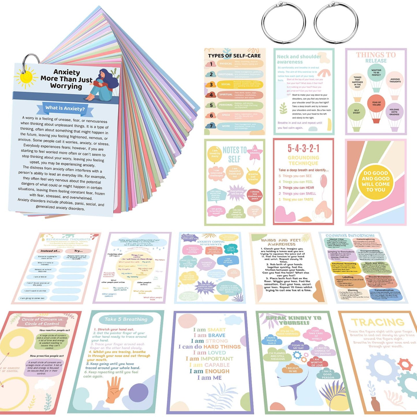 Affrolling 72 Pcs Anxiety Coping Skill Cards – Coping Strategy Flashcards with Metal Binder Rings for Family, School, and Office