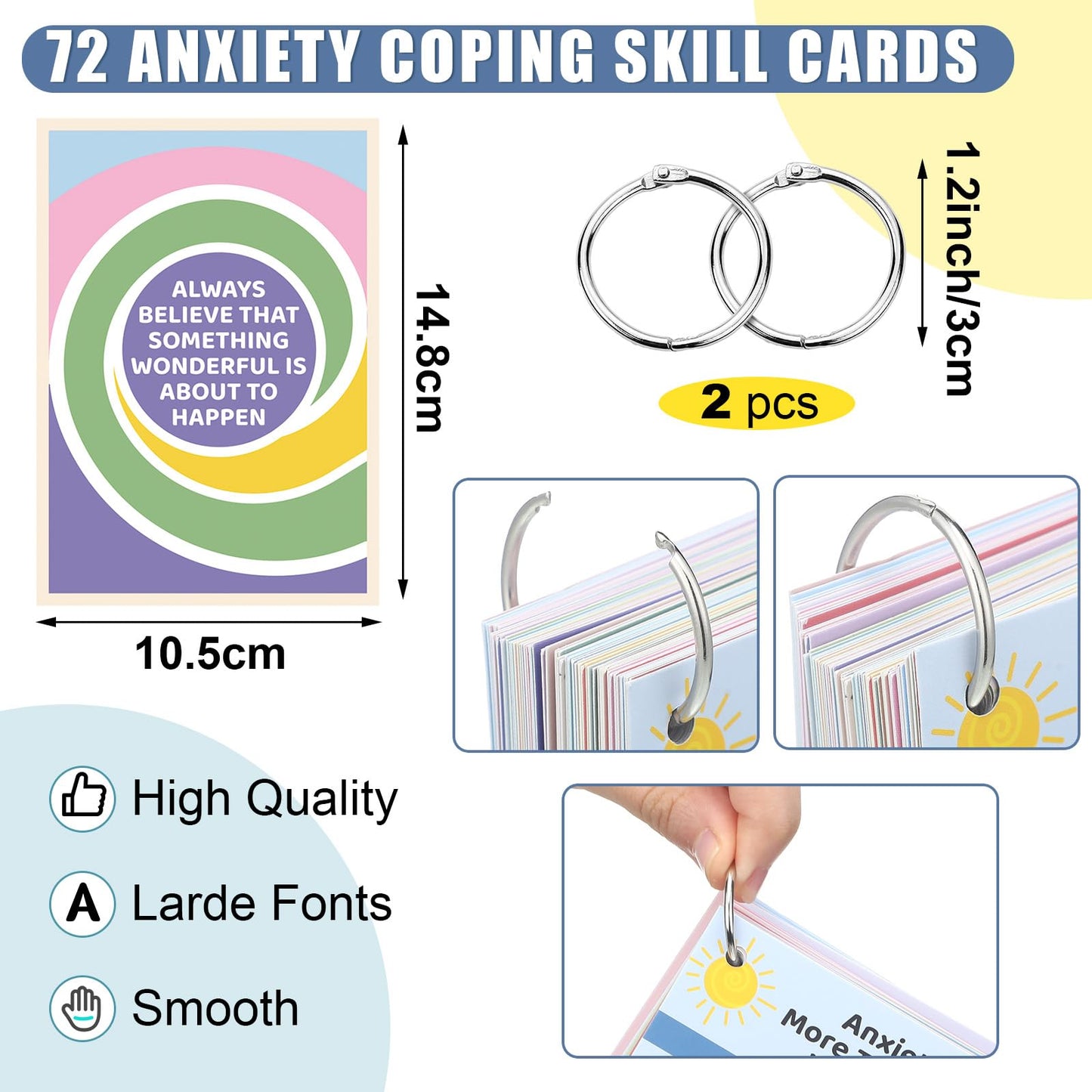Affrolling 72 Pcs Anxiety Coping Skill Cards – Coping Strategy Flashcards with Metal Binder Rings for Family, School, and Office