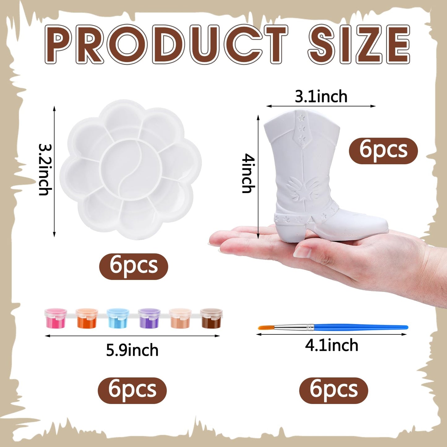 Affrolling 6-Piece Cowboy Boot Vase Paint Kit — Unpainted Plaster Ceramic Vases with Brushes & Pigments