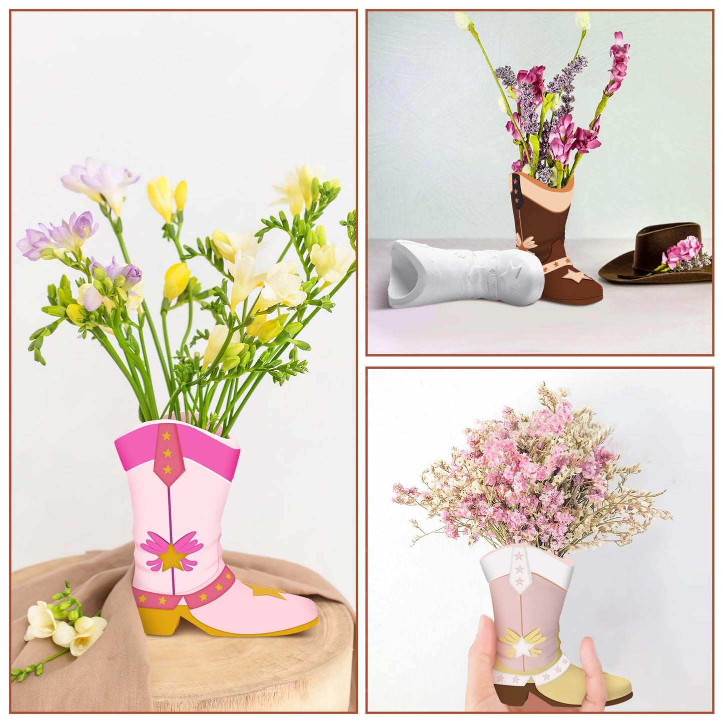 Affrolling 6-Piece Cowboy Boot Vase Paint Kit — Unpainted Plaster Ceramic Vases with Brushes & Pigments