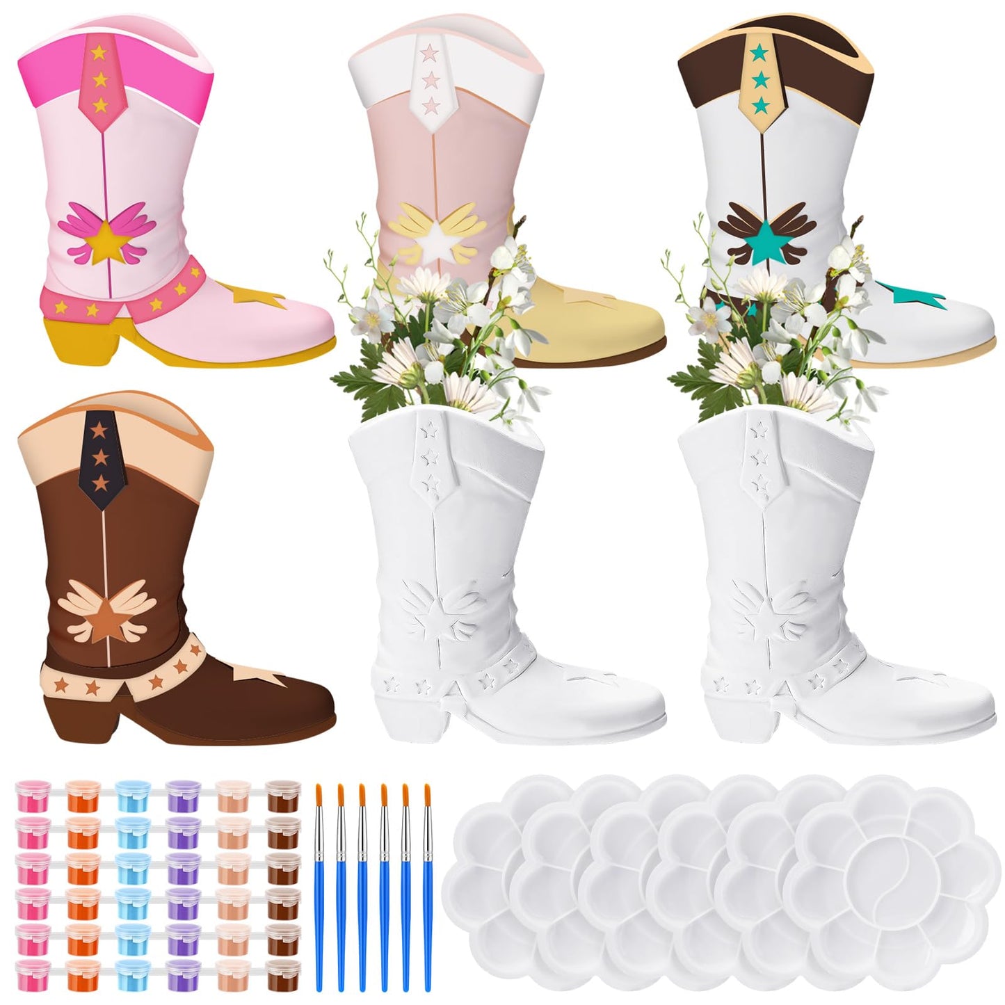 Affrolling 6-Piece Cowboy Boot Vase Paint Kit — Unpainted Plaster Ceramic Vases with Brushes & Pigments