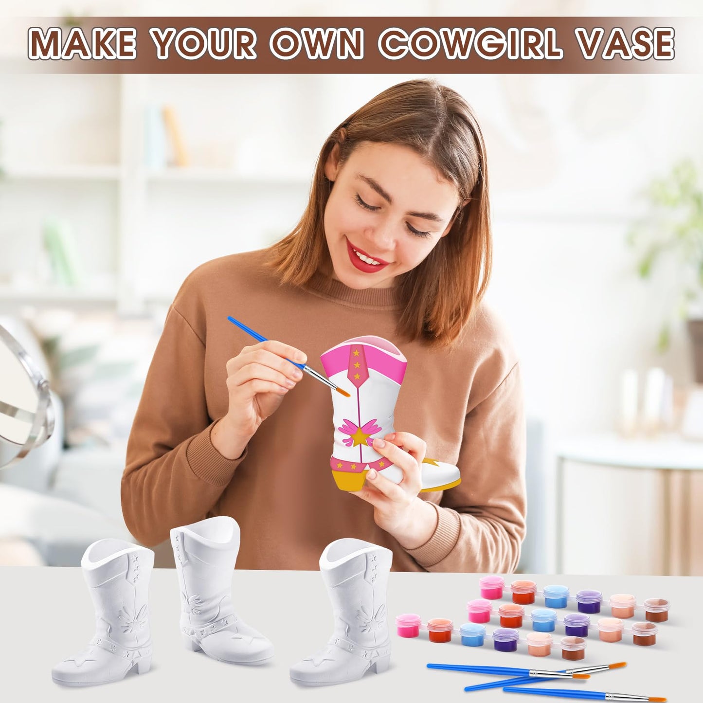 Affrolling 6-Piece Cowboy Boot Vase Paint Kit — Unpainted Plaster Ceramic Vases with Brushes & Pigments