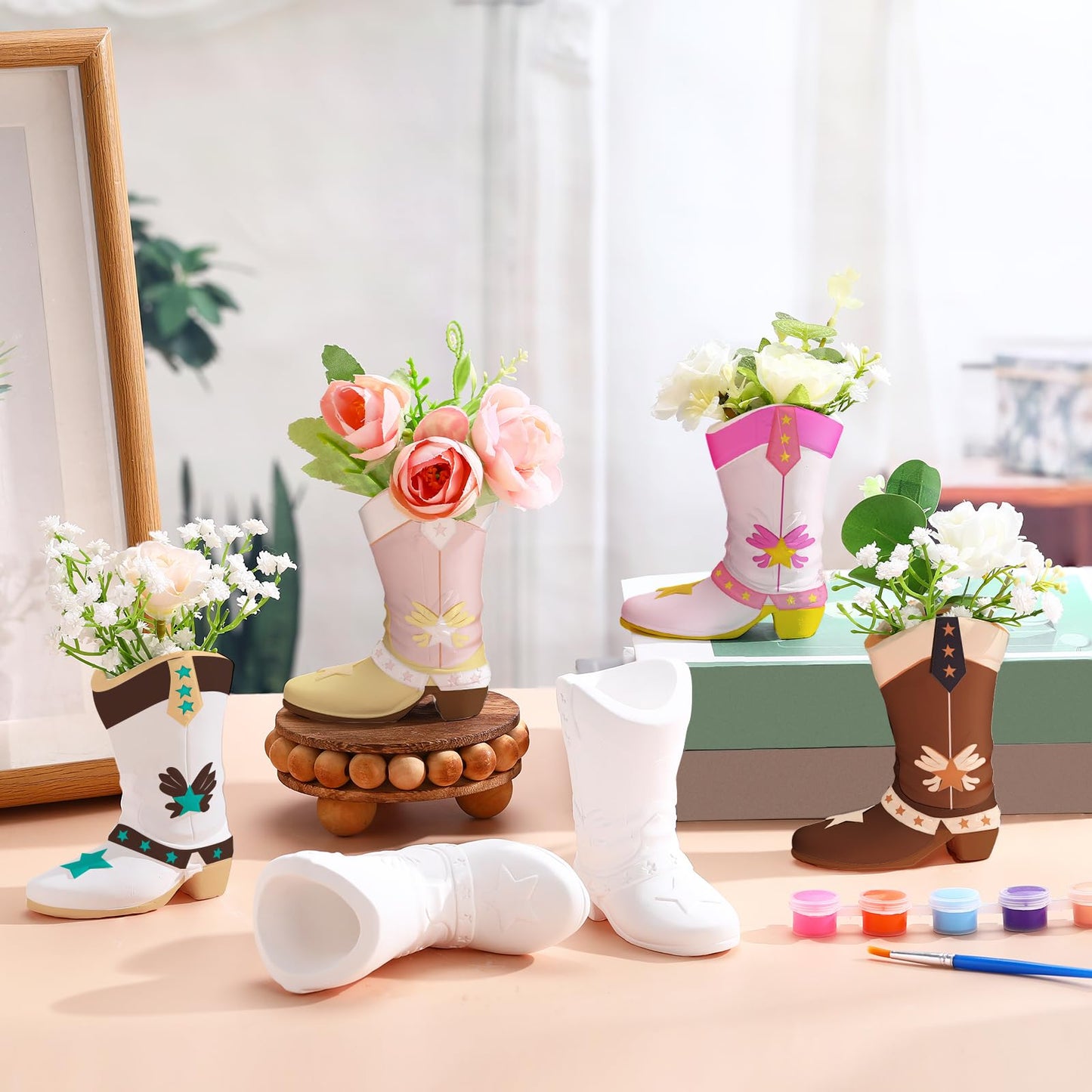 Affrolling 6-Piece Cowboy Boot Vase Paint Kit — Unpainted Plaster Ceramic Vases with Brushes & Pigments