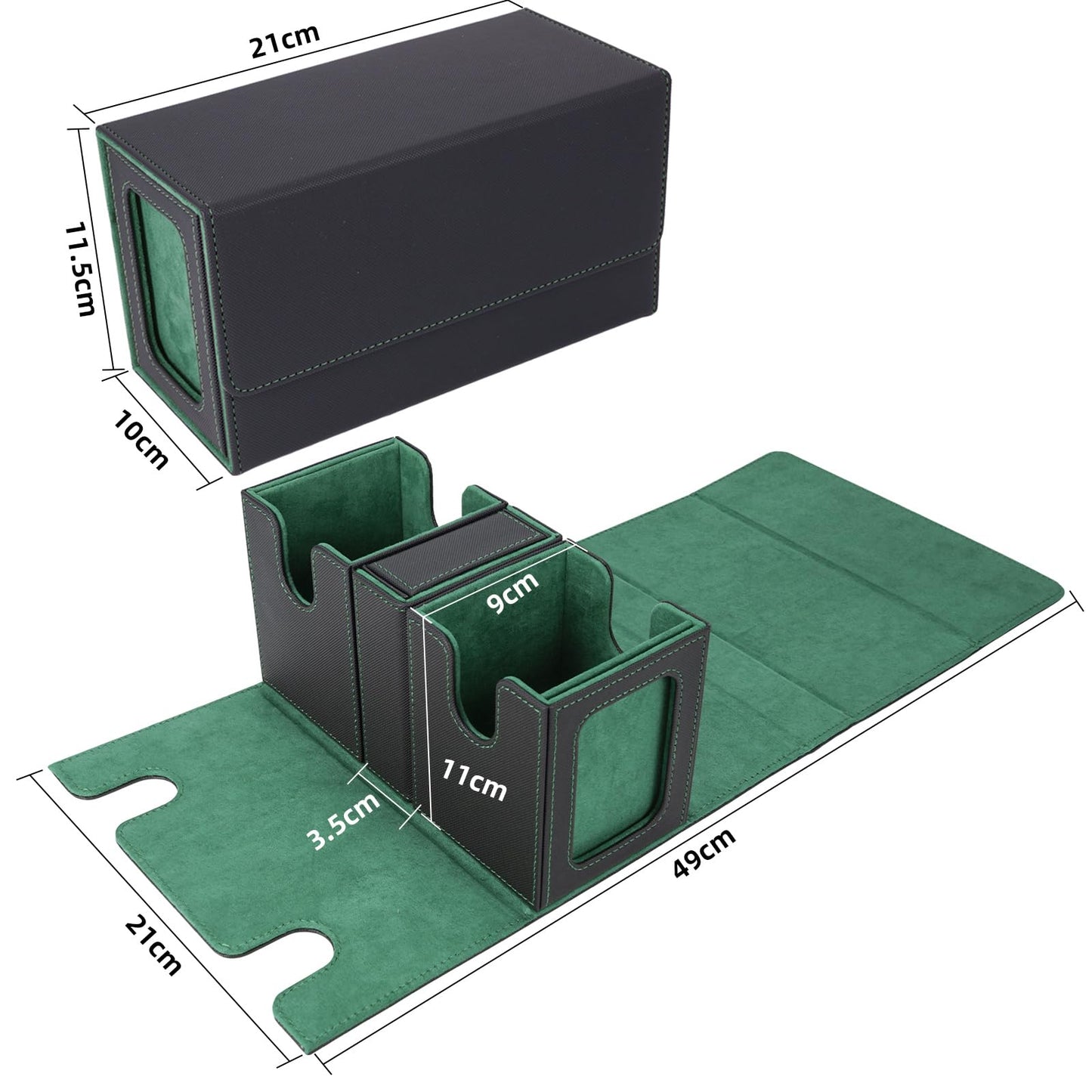 AFIING MTG Commander Card Storage Box – 220+ Sleeved Cards, 3-in-1 Case with 2 Toploaders (Black/Green)