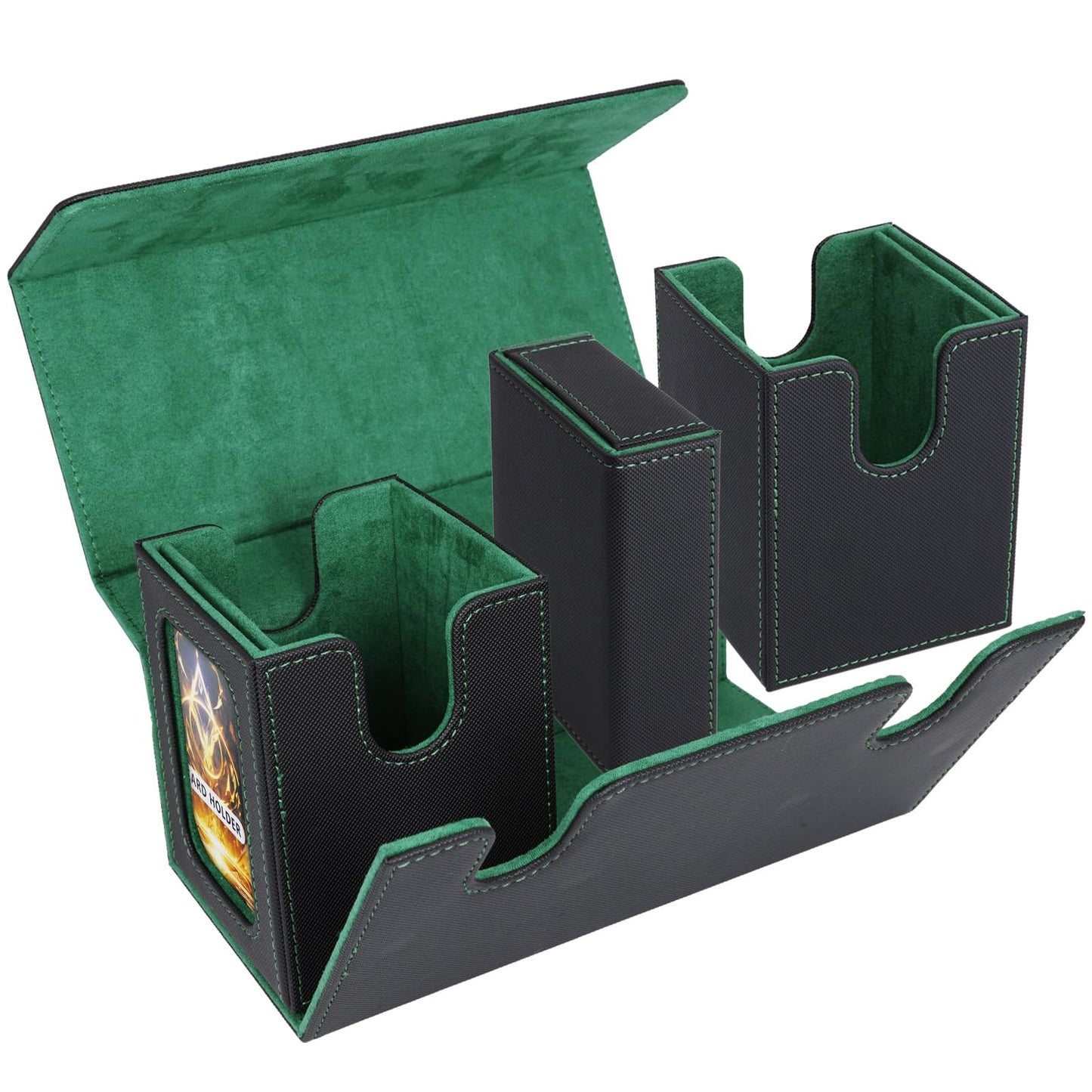 AFIING MTG Commander Card Storage Box – 220+ Sleeved Cards, 3-in-1 Case with 2 Toploaders (Black/Green)