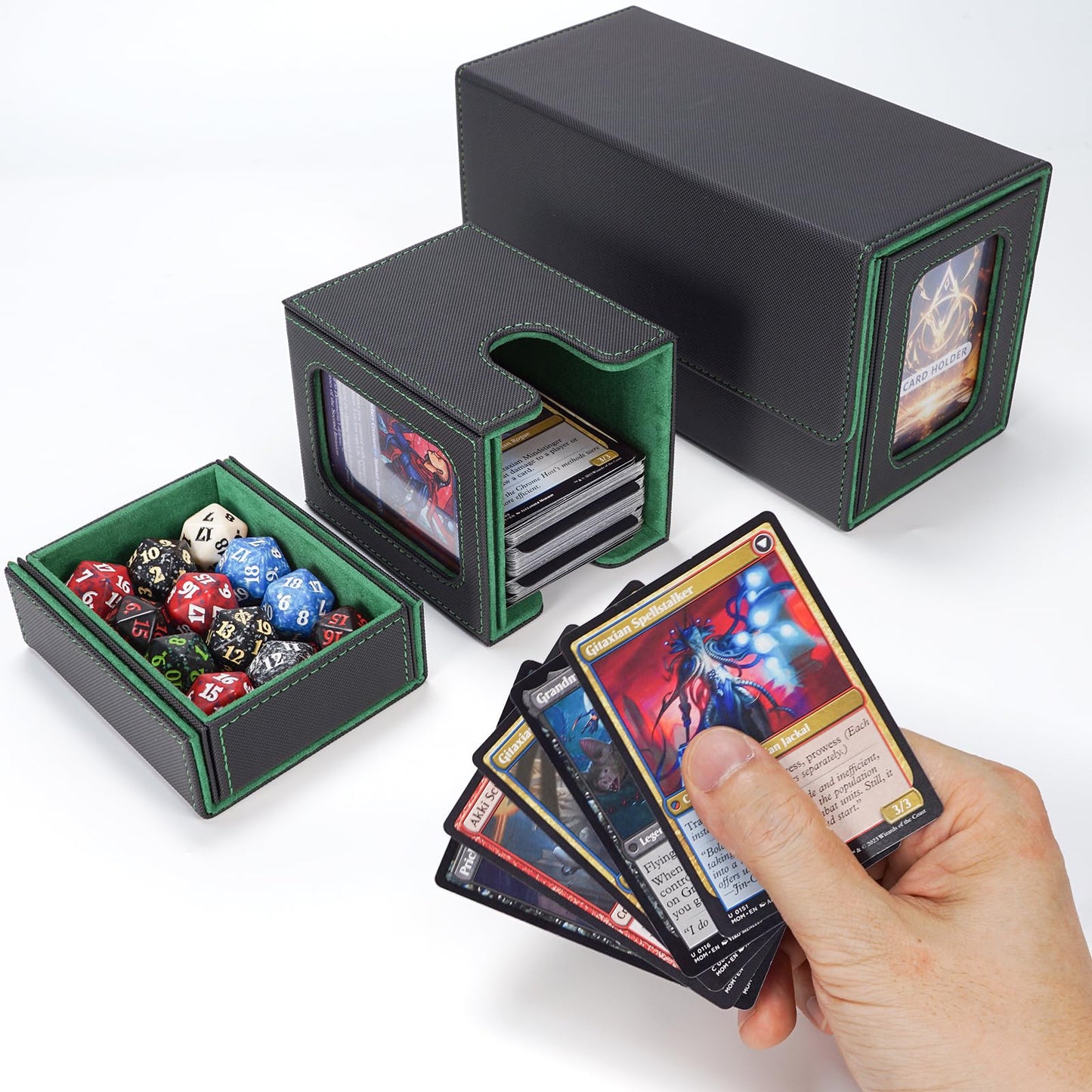 AFIING MTG Commander Card Storage Box – 220+ Sleeved Cards, 3-in-1 Case with 2 Toploaders (Black/Green)