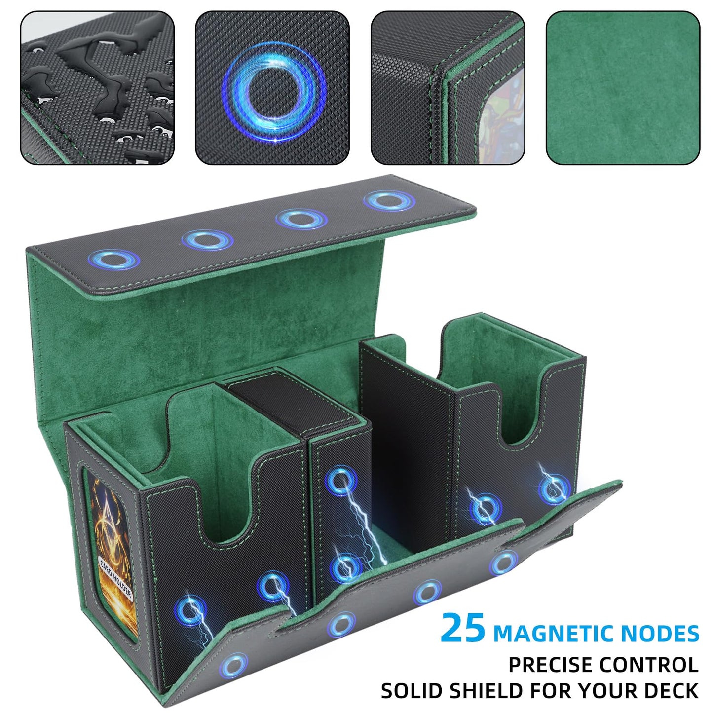 AFIING MTG Commander Card Storage Box – 220+ Sleeved Cards, 3-in-1 Case with 2 Toploaders (Black/Green)