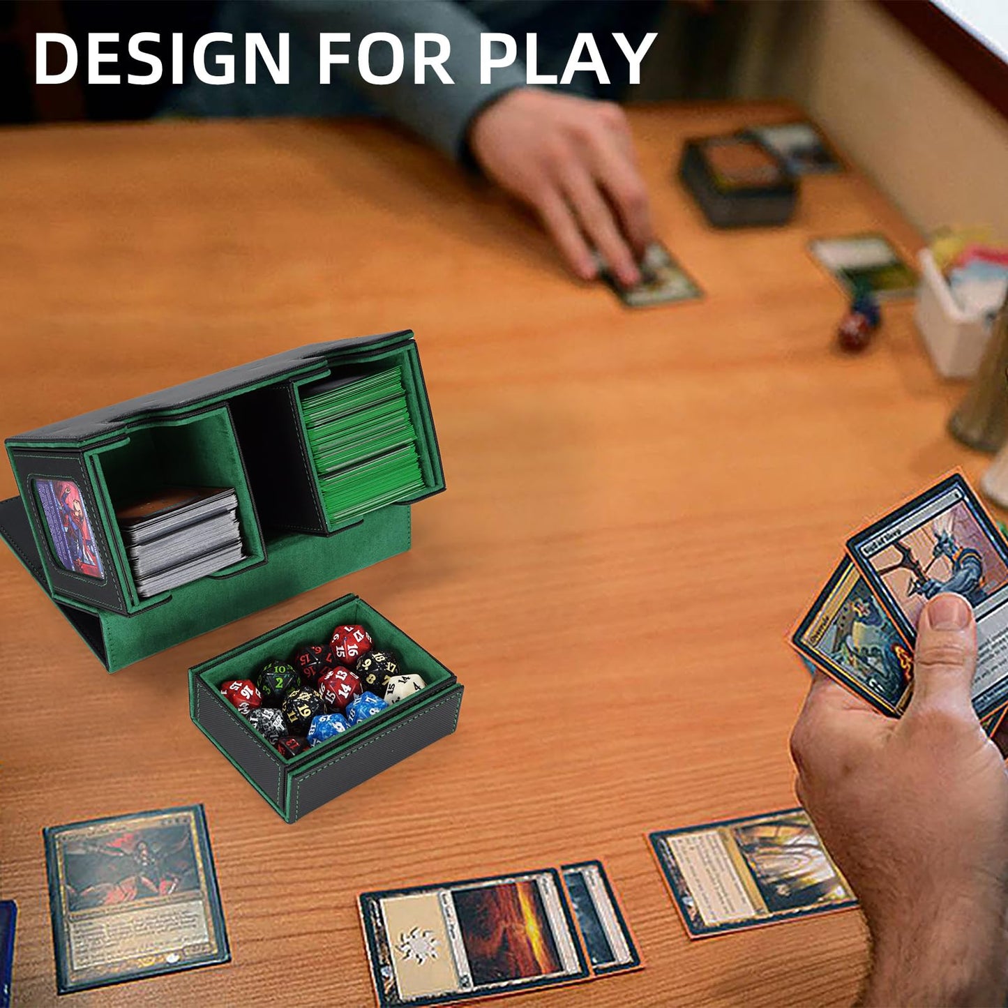 AFIING MTG Commander Card Storage Box – 220+ Sleeved Cards, 3-in-1 Case with 2 Toploaders (Black/Green)