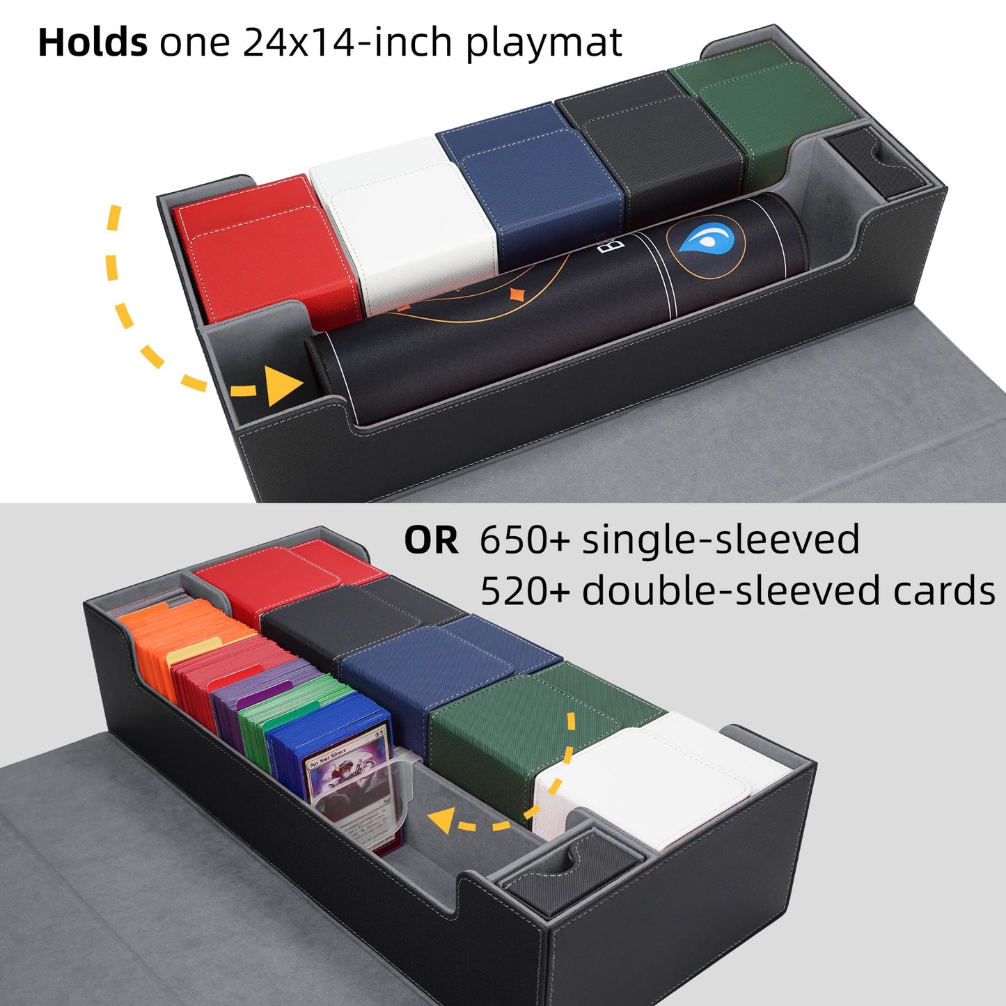 AFIING MtG Deck Box – Holds 5 Display Card Boxes, MTG Playmat & Dice Box, 10 Dividers, Card Supporter, Trading Card Storage (Black & Grey)