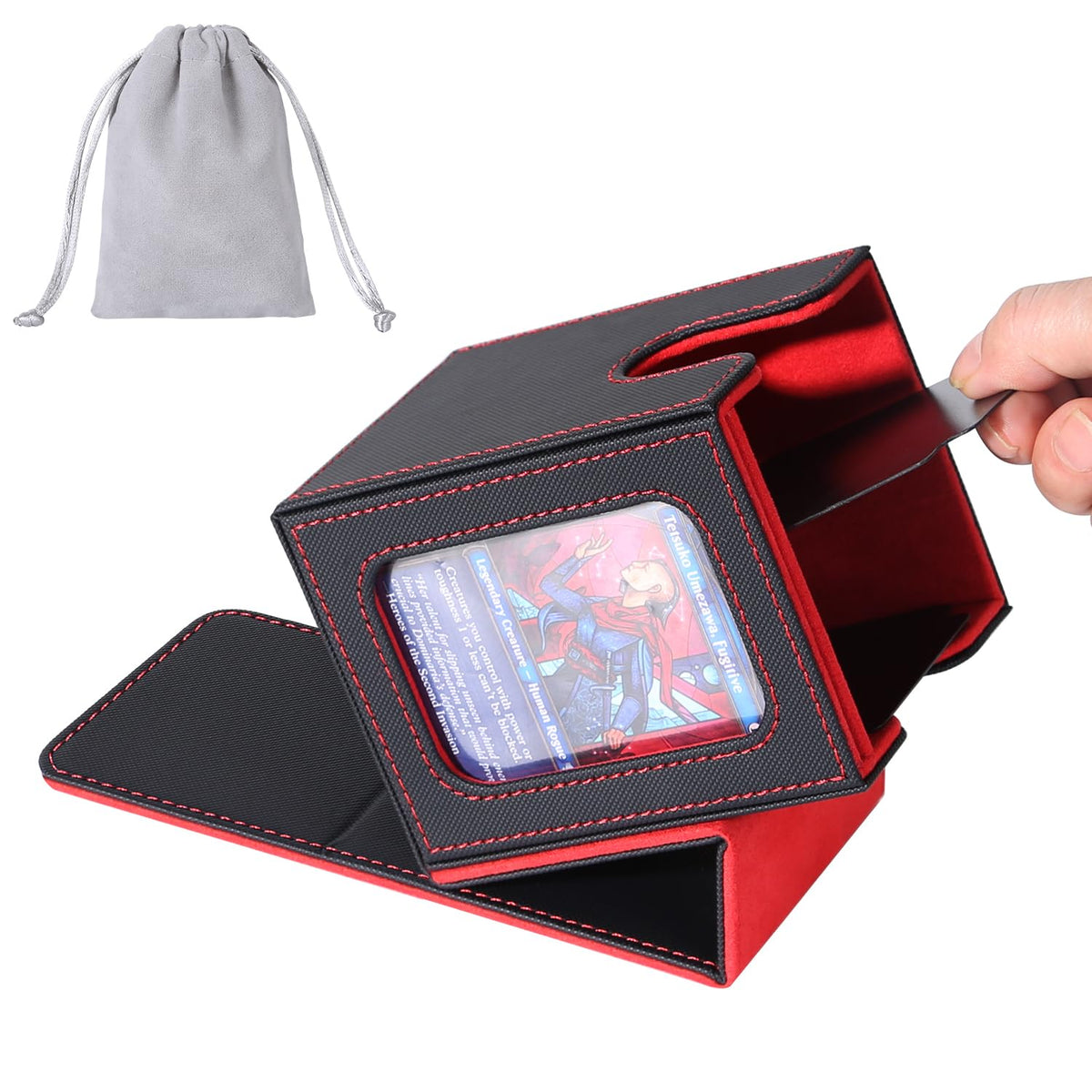 AFIING MTG Deck Box for Commander – Fits 100 Double-Sleeved Cards, 2 Dividers, Drawstring Bag, Toploader (Black/Red)