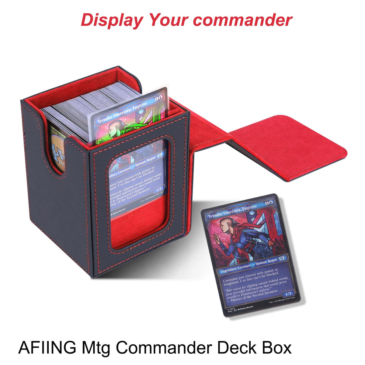 AFIING MTG Deck Box for Commander – Fits 100 Double-Sleeved Cards, 2 Dividers, Drawstring Bag, Toploader (Black/Red)