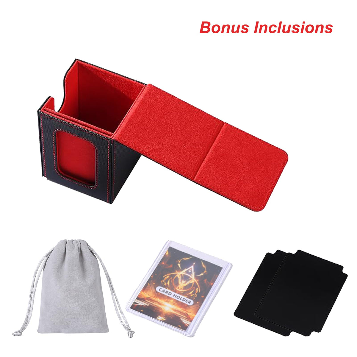 AFIING MTG Deck Box for Commander – Fits 100 Double-Sleeved Cards, 2 Dividers, Drawstring Bag, Toploader (Black/Red)
