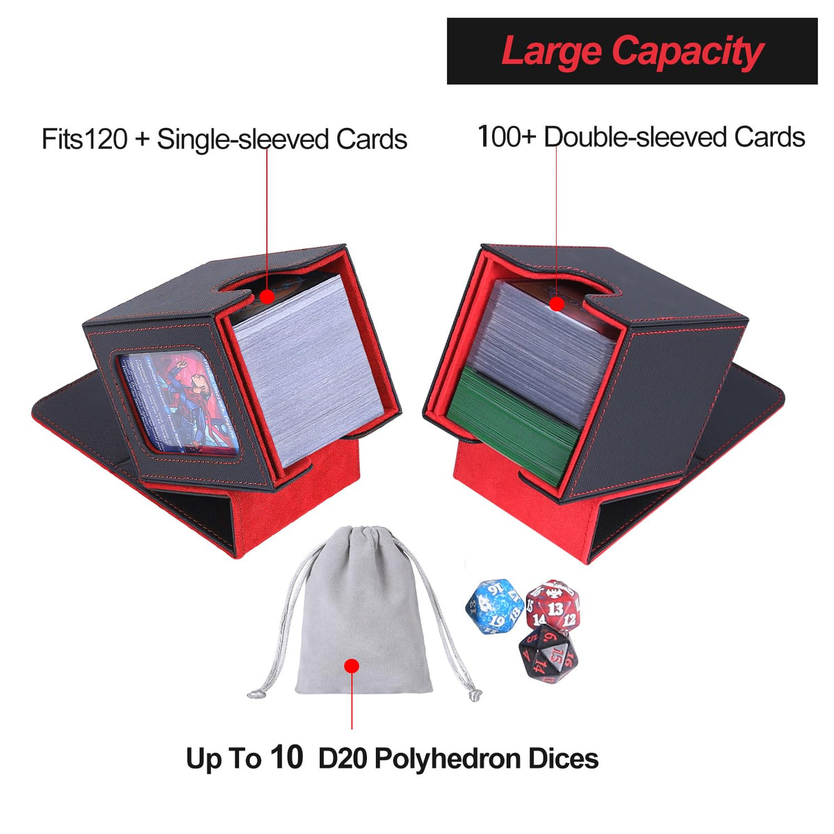 AFIING MTG Deck Box for Commander – Fits 100 Double-Sleeved Cards, 2 Dividers, Drawstring Bag, Toploader (Black/Red)