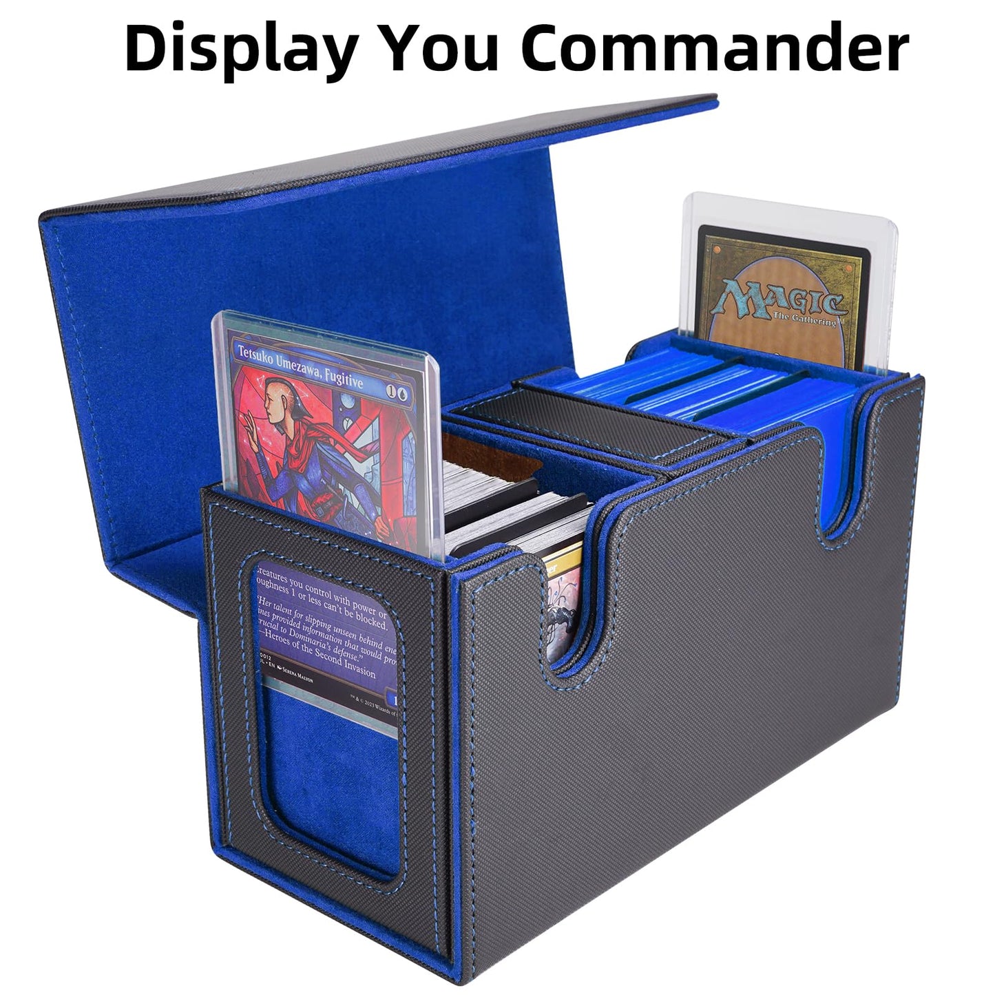 AFIING MTG Commander Card Storage Box – Fits 200 Double-Sleeved Cards, 3-in-1 Deck Case, 4 Dividers & 2 Toploaders (Black/Blue)