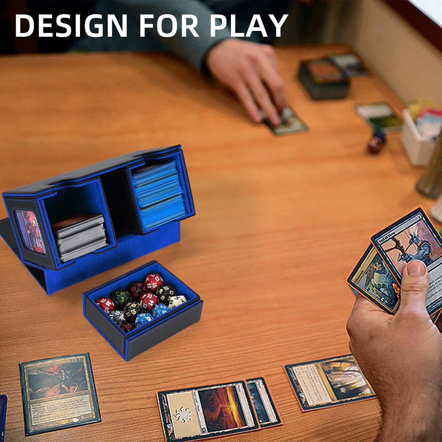 AFIING MTG Commander Card Storage Box – Fits 200 Double-Sleeved Cards, 3-in-1 Deck Case, 4 Dividers & 2 Toploaders (Black/Blue)