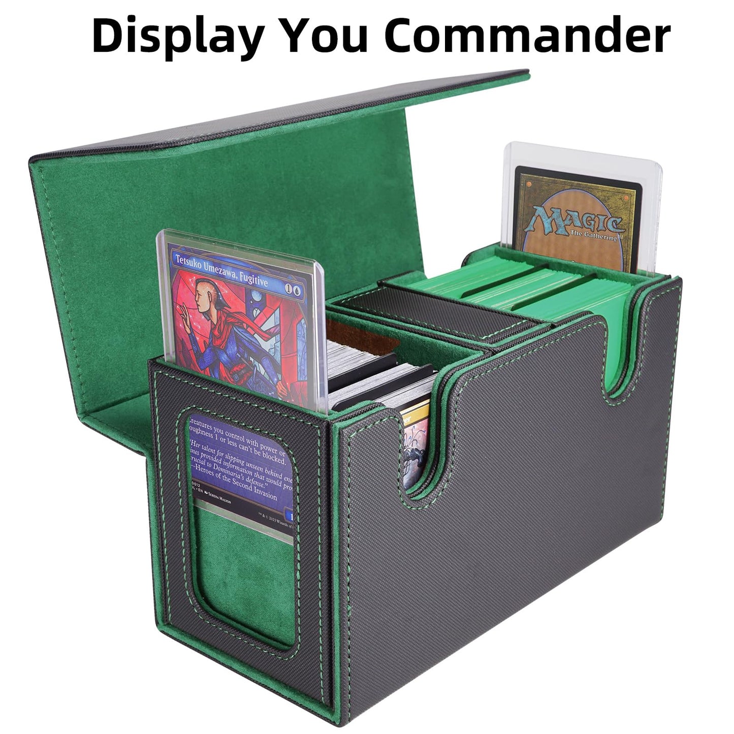 AFIING MTG Commander Card Storage Box – 220+ Sleeved Cards, 3-in-1 Case with 2 Toploaders (Black/Green)