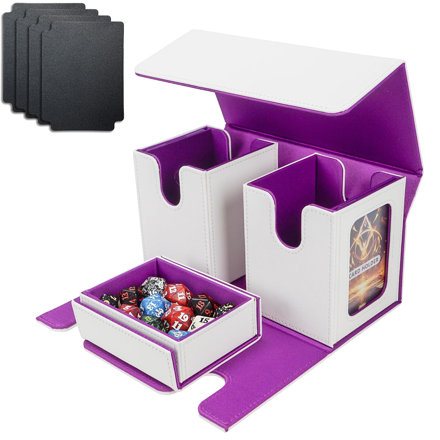 AFIING MTG Commander Card Storage Box — 200 Double-Sleeved Cards, 3-in-1 Deck Case, White/Purple