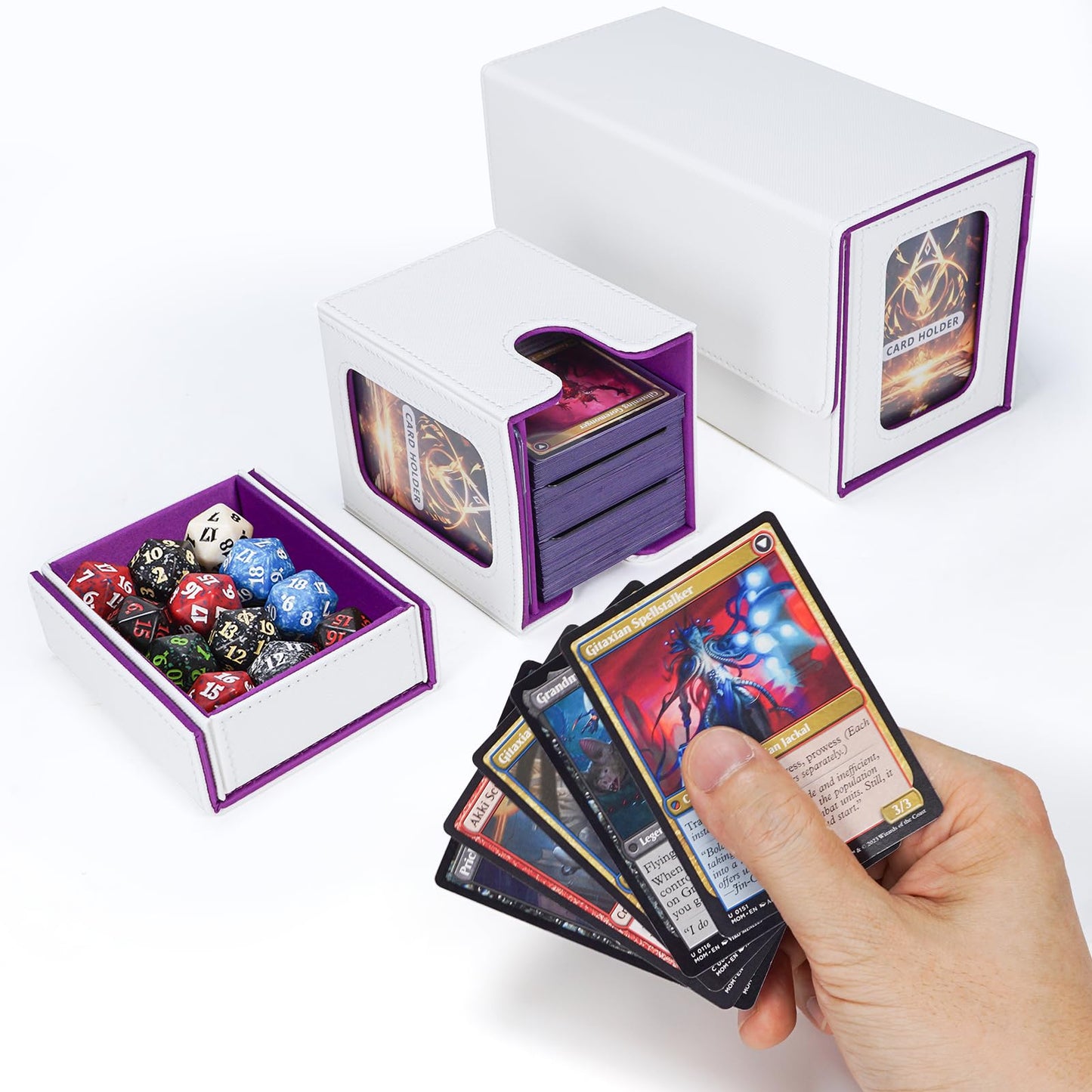 AFIING MTG Commander Card Storage Box — 200 Double-Sleeved Cards, 3-in-1 Deck Case, White/Purple